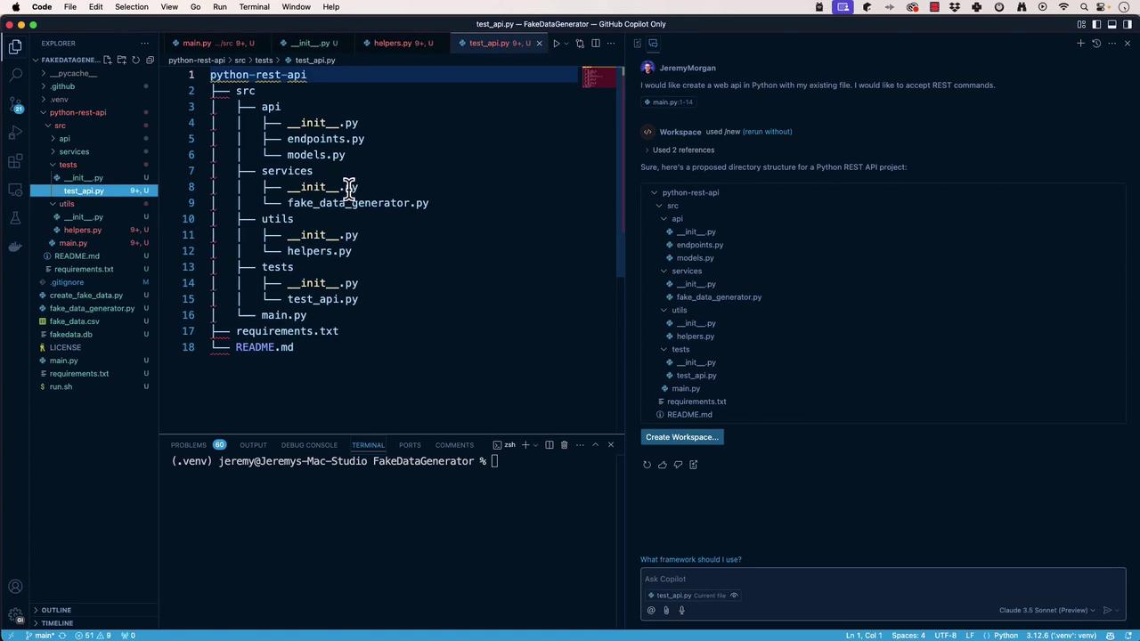 The image shows a Visual Studio Code interface with a Python project directory structure for a REST API. The left panel displays the file explorer, and the right panel shows a proposed directory structure and a chat with GitHub Copilot.