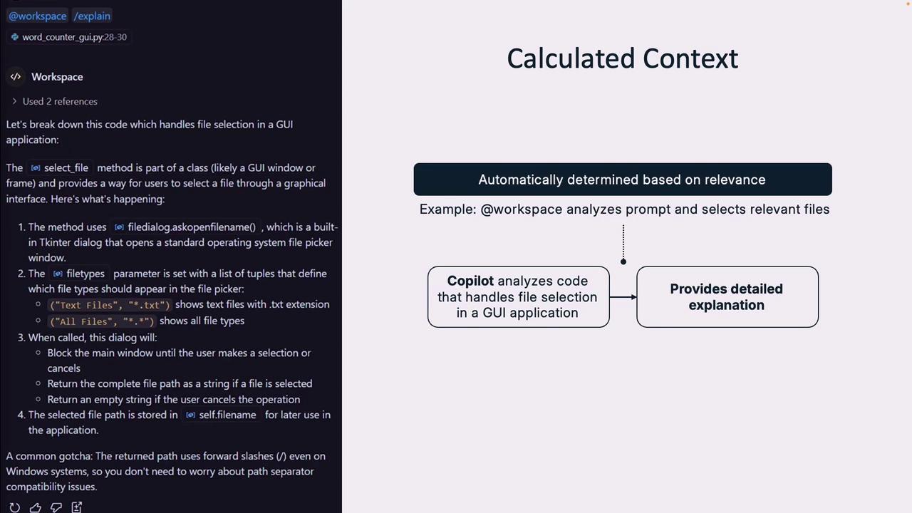 The image shows a breakdown of code handling file selection in a GUI application, with a flowchart explaining how Copilot analyzes and provides detailed explanations.