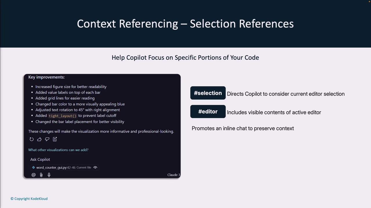 The image is a presentation slide titled "Context Referencing – Selection References," showing key improvements for code visualization and how to help Copilot focus on specific code portions using #selection and #editor tags.