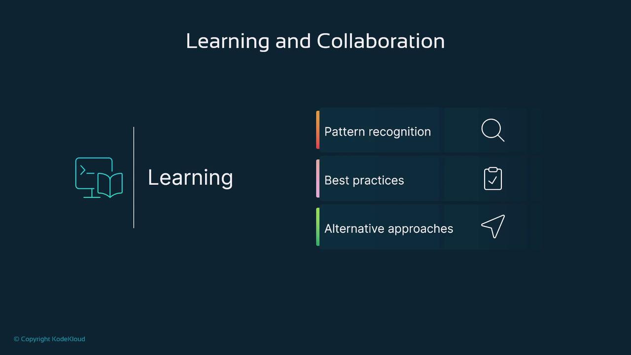 The image is a slide titled "Learning and Collaboration," highlighting three aspects: pattern recognition, best practices, and alternative approaches, each with corresponding icons.