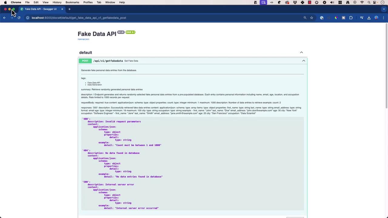 The image shows a Swagger UI interface for a "Fake Data API," detailing an endpoint for generating fake personal data entries, including parameters and response examples.