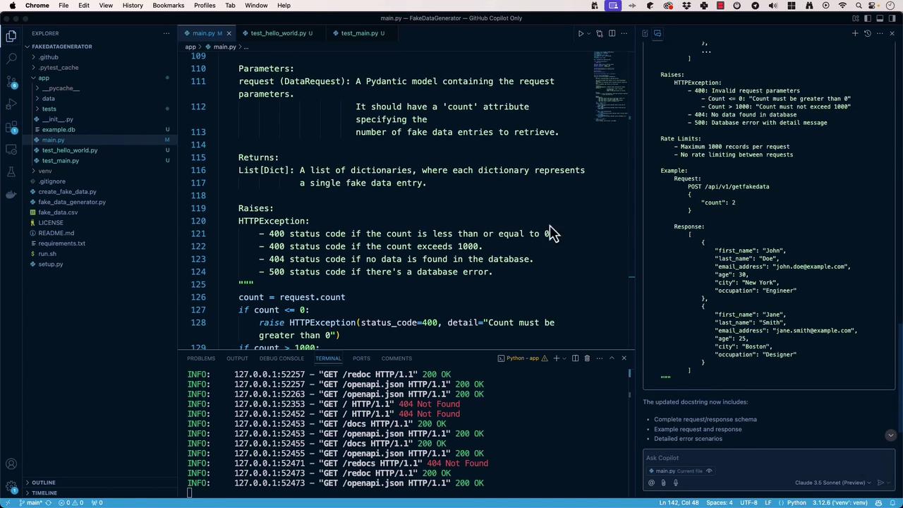 The image shows a Visual Studio Code interface with Python code open, detailing a function that handles HTTP requests and responses, including parameters, return values, and exceptions. The terminal at the bottom displays server log information with HTTP status codes.