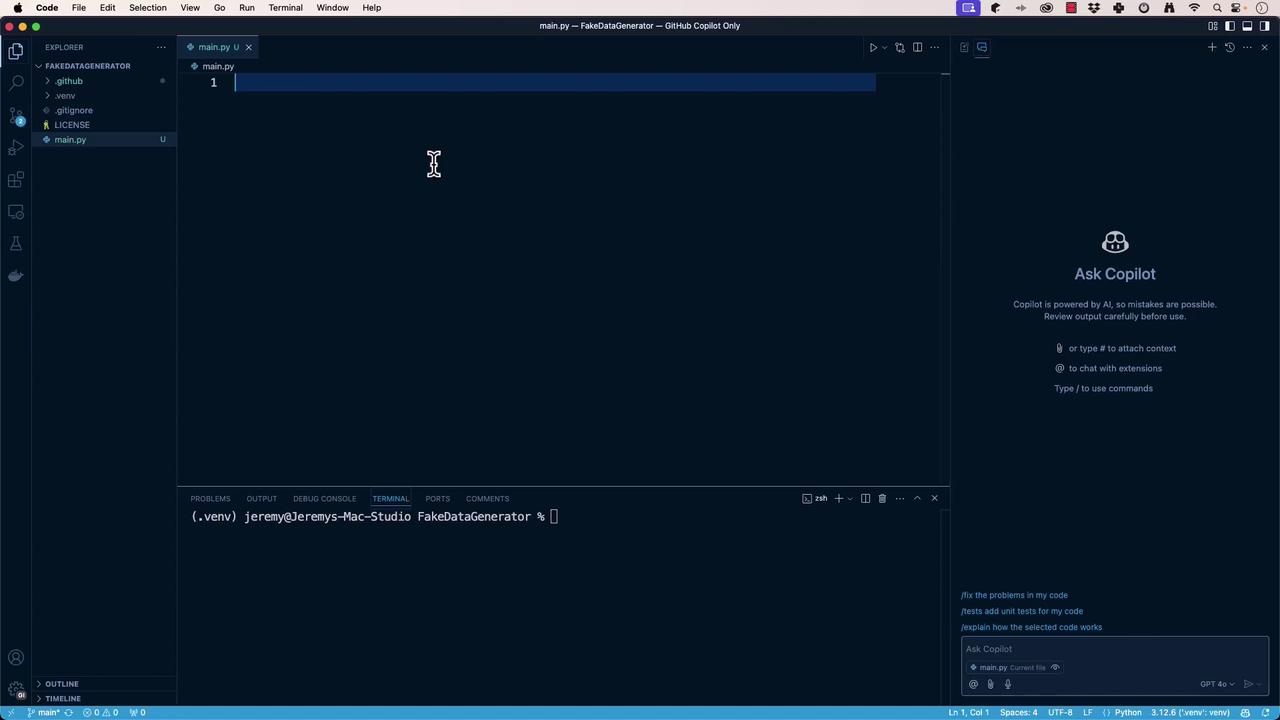 The image shows a Visual Studio Code interface with a Python file named "main.py" open and a terminal at the bottom. The right panel features the "Ask Copilot" section for AI assistance.