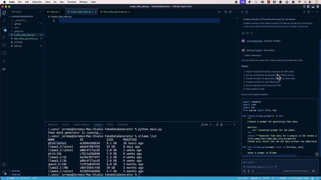The image shows a Visual Studio Code interface with a Python project open, displaying a file named `create_fake_data.py`. The terminal at the bottom shows commands related to running a fake data generator and listing models, while the right panel contains GitHub Copilot suggestions.