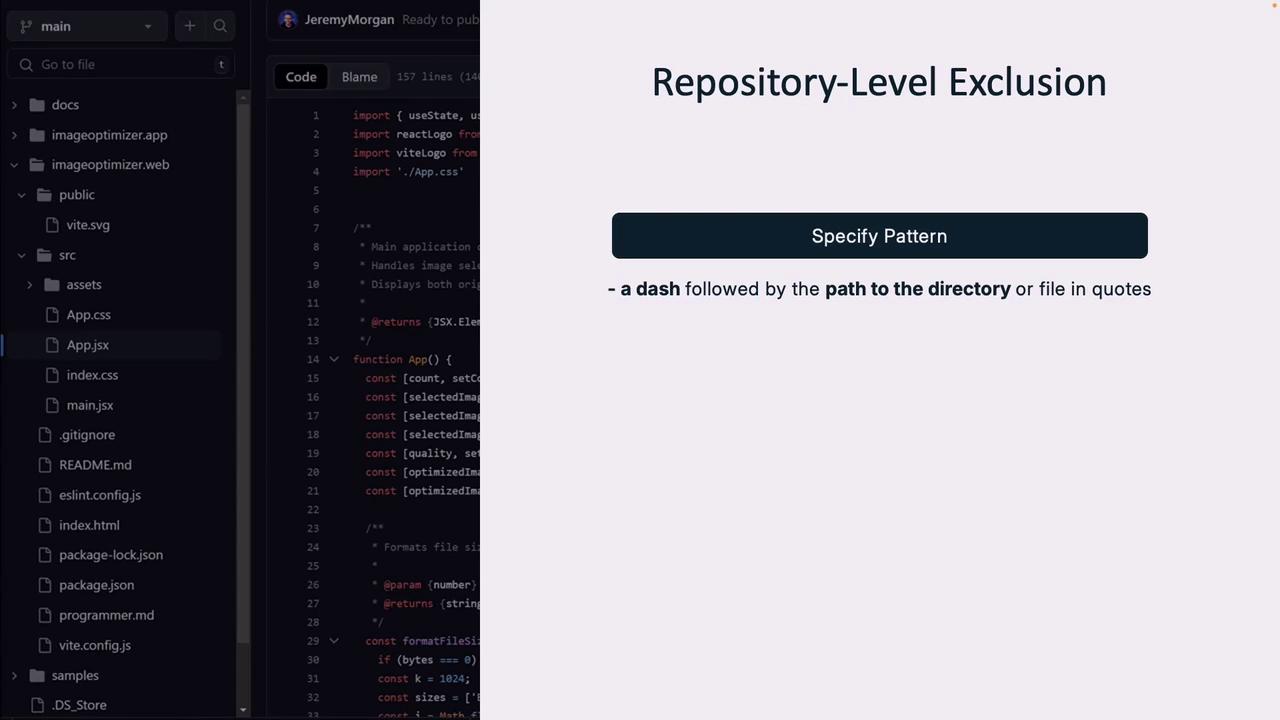 The image shows a code editor with a file directory on the left and JavaScript code on the right. There's also a section titled "Repository-Level Exclusion" with instructions on specifying a pattern for exclusion.