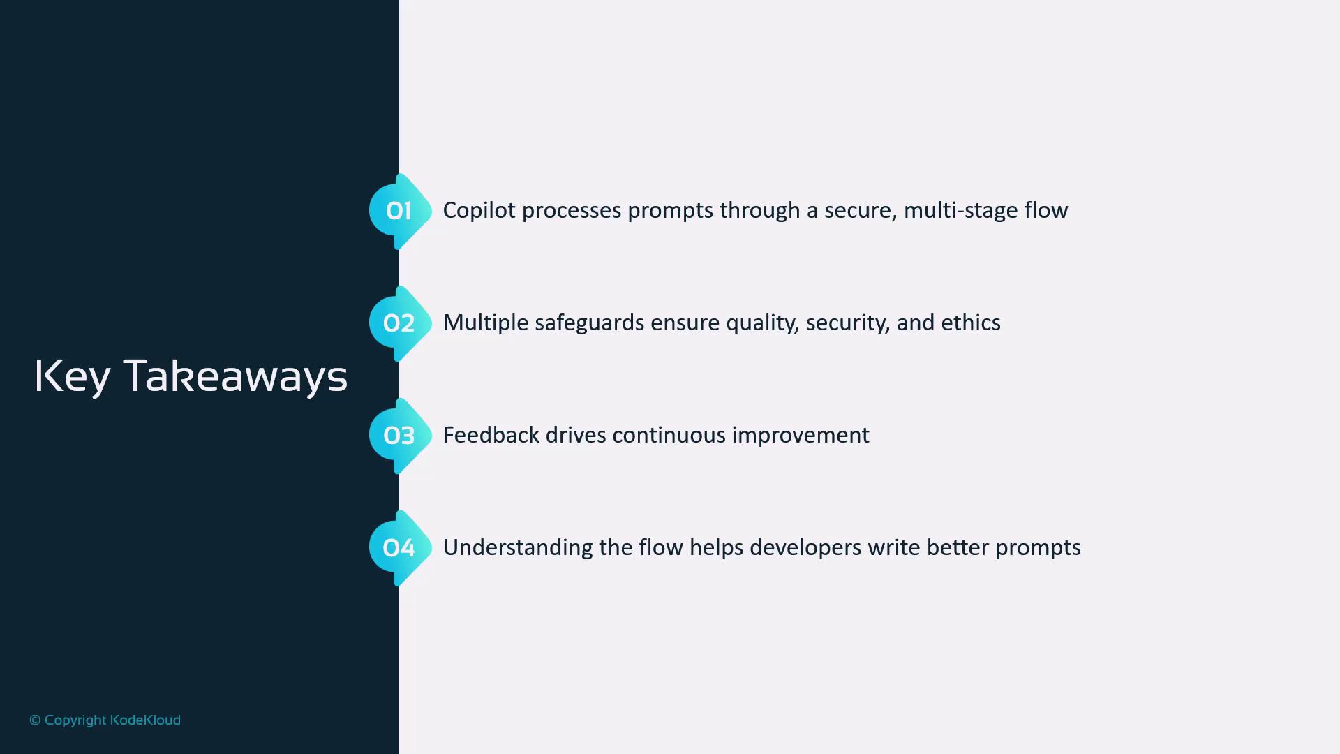 The image is a slide titled "Key Takeaways" with four points about Copilot's secure processing, safeguards, feedback for improvement, and understanding flow for better prompts.