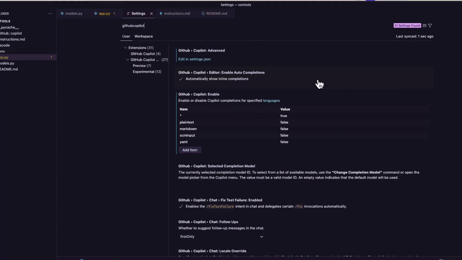 The image shows a settings interface for GitHub Copilot in a code editor, displaying options for enabling auto completions and configuring language-specific settings.