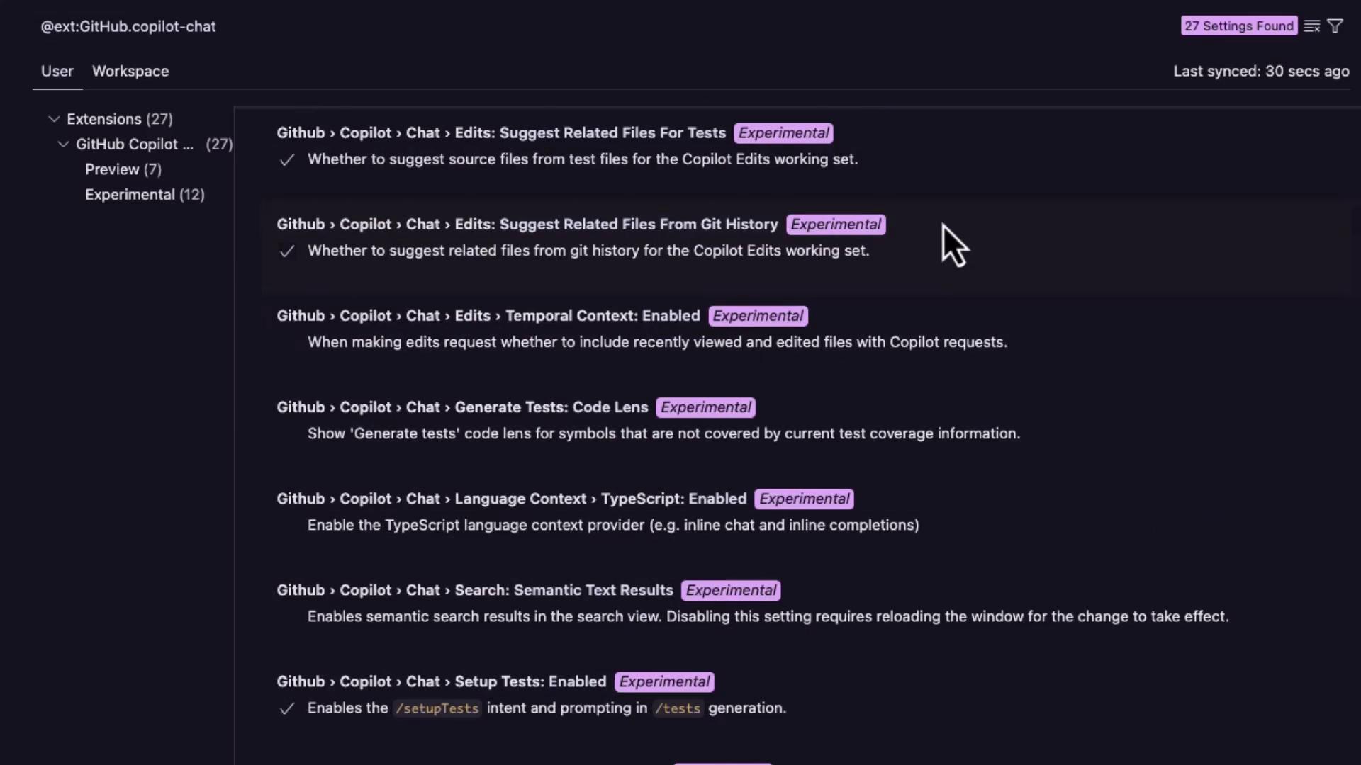 The image shows a settings interface for GitHub Copilot Chat, displaying various experimental features related to edits, tests, and language context.