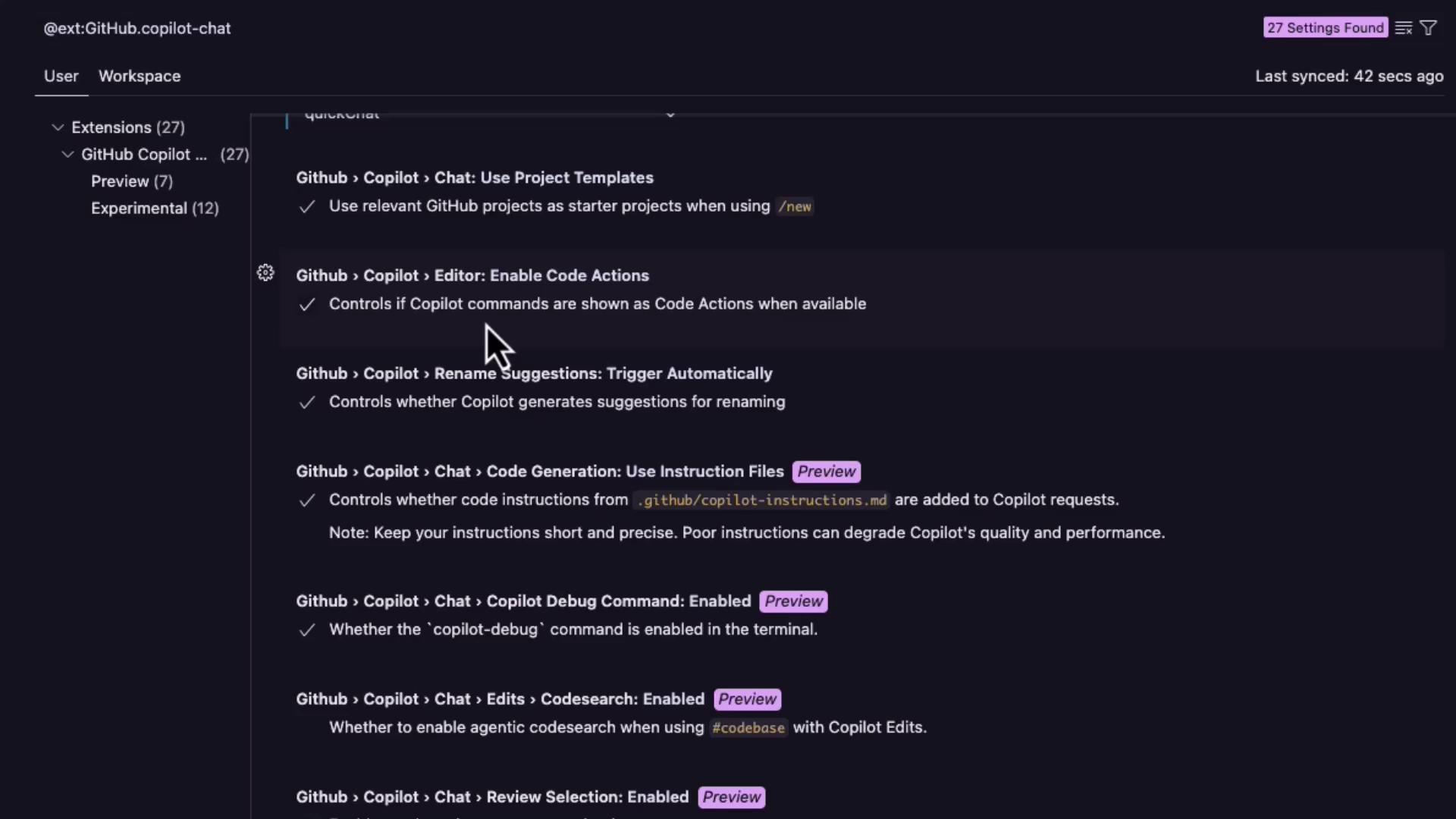 The image shows a settings interface for GitHub Copilot, displaying various options and features related to code actions, renaming suggestions, and code generation.