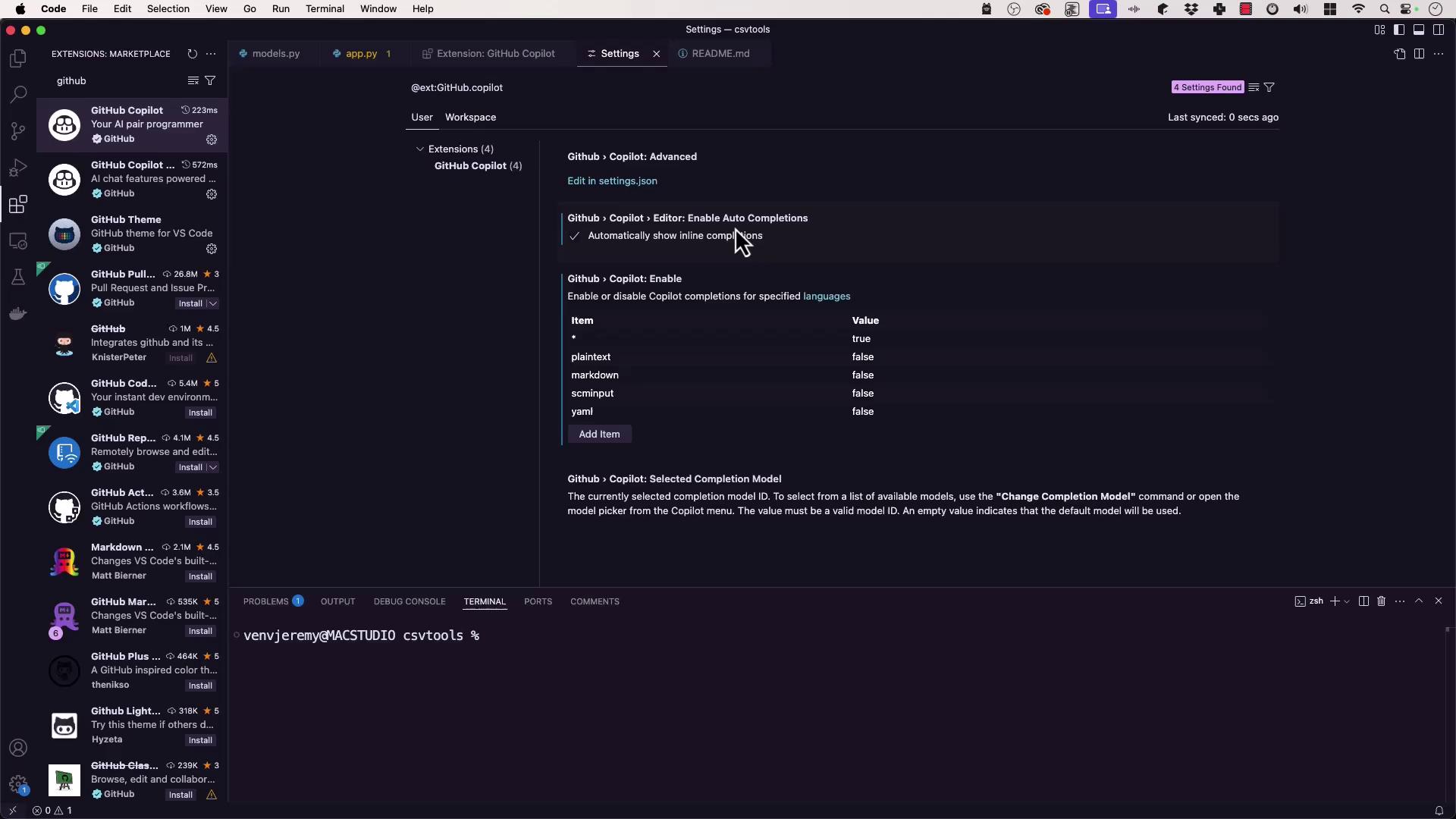 The image shows a Visual Studio Code interface with the GitHub Copilot extension settings open, displaying options for enabling auto completions and configuring language-specific settings. The terminal at the bottom shows a command prompt.