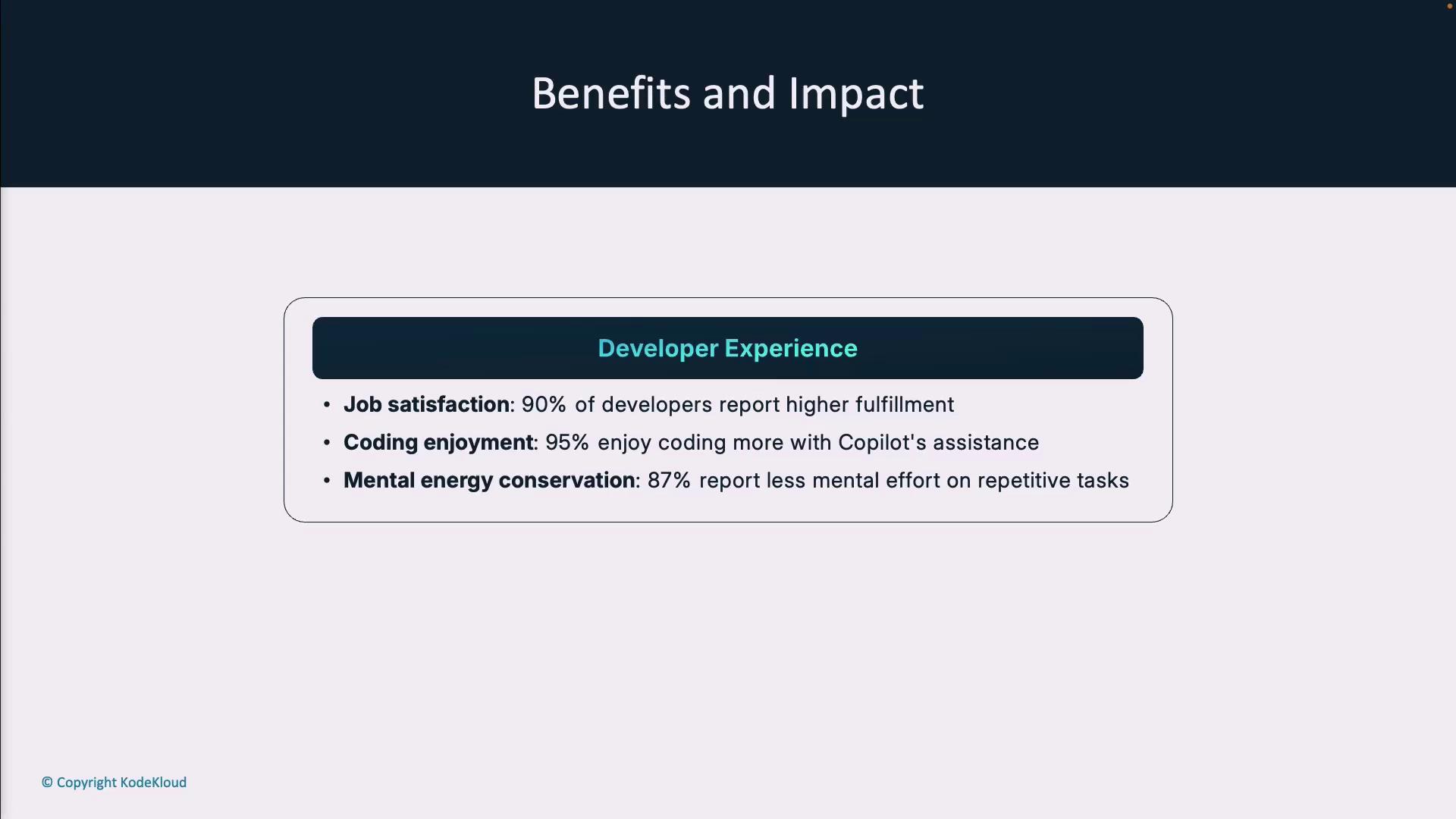 The image highlights the benefits and impact of a developer tool, showing increased job satisfaction, coding enjoyment, and mental energy conservation among developers.