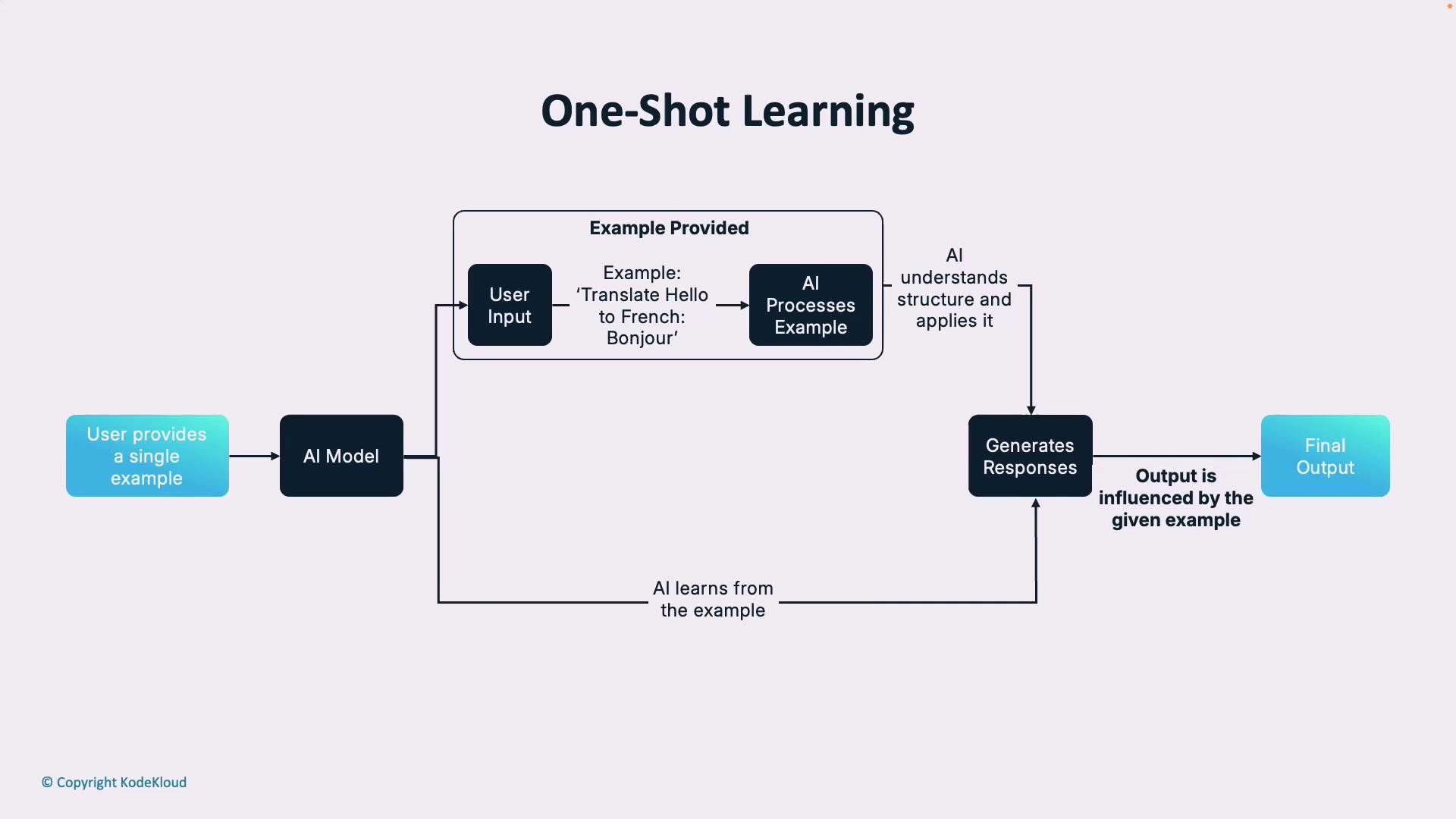 The image is a flowchart illustrating the process of one-shot learning, where a user provides a single example to an AI model, which then processes the example to generate responses influenced by it.