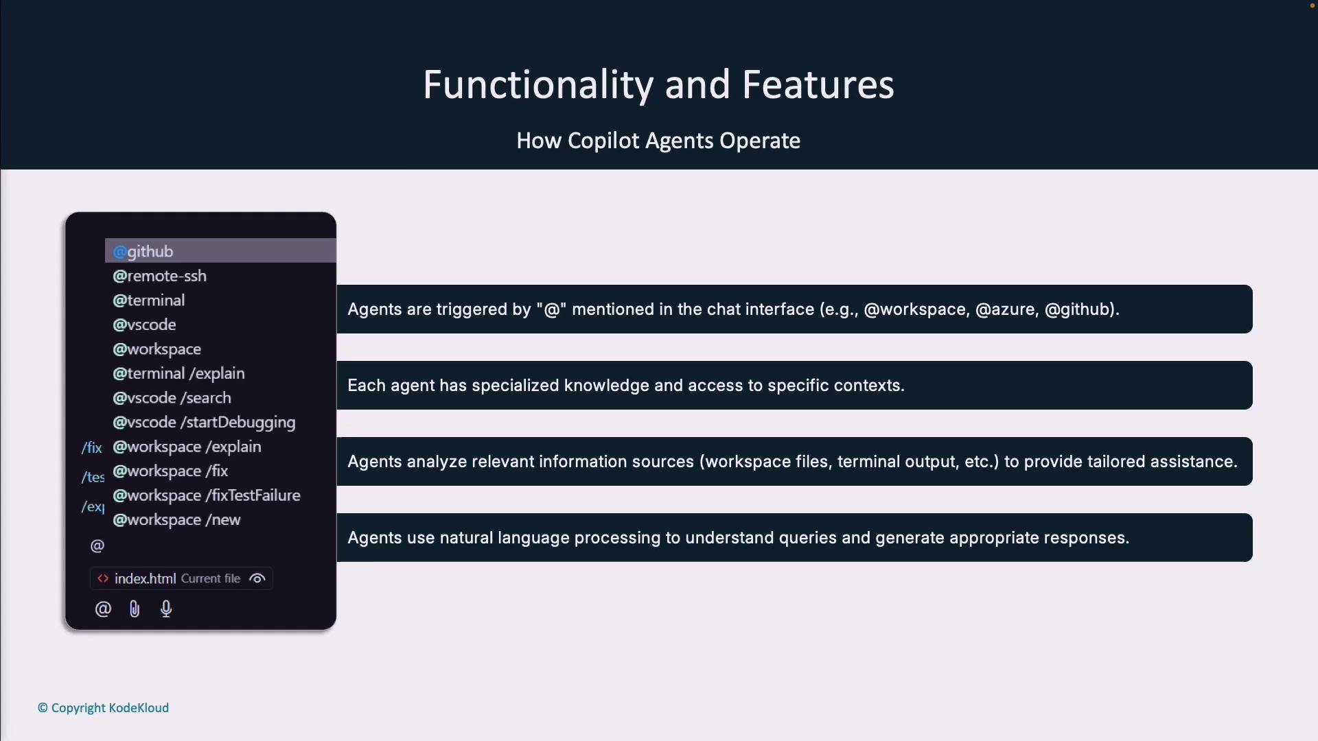 The image explains how Copilot agents operate, detailing their functionality and features, including triggering by "@" mentions, specialized knowledge, information analysis, and natural language processing. It also shows a list of commands in a chat interface.