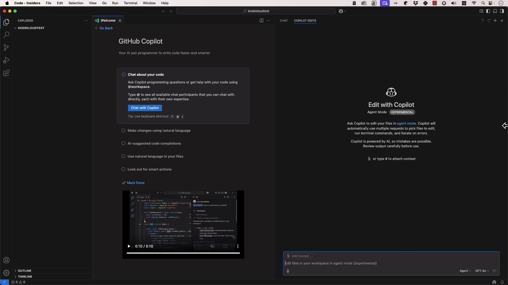 The image shows a GitHub Copilot interface in a code editor, with options for chatting about code and editing with Copilot in experimental agent mode.