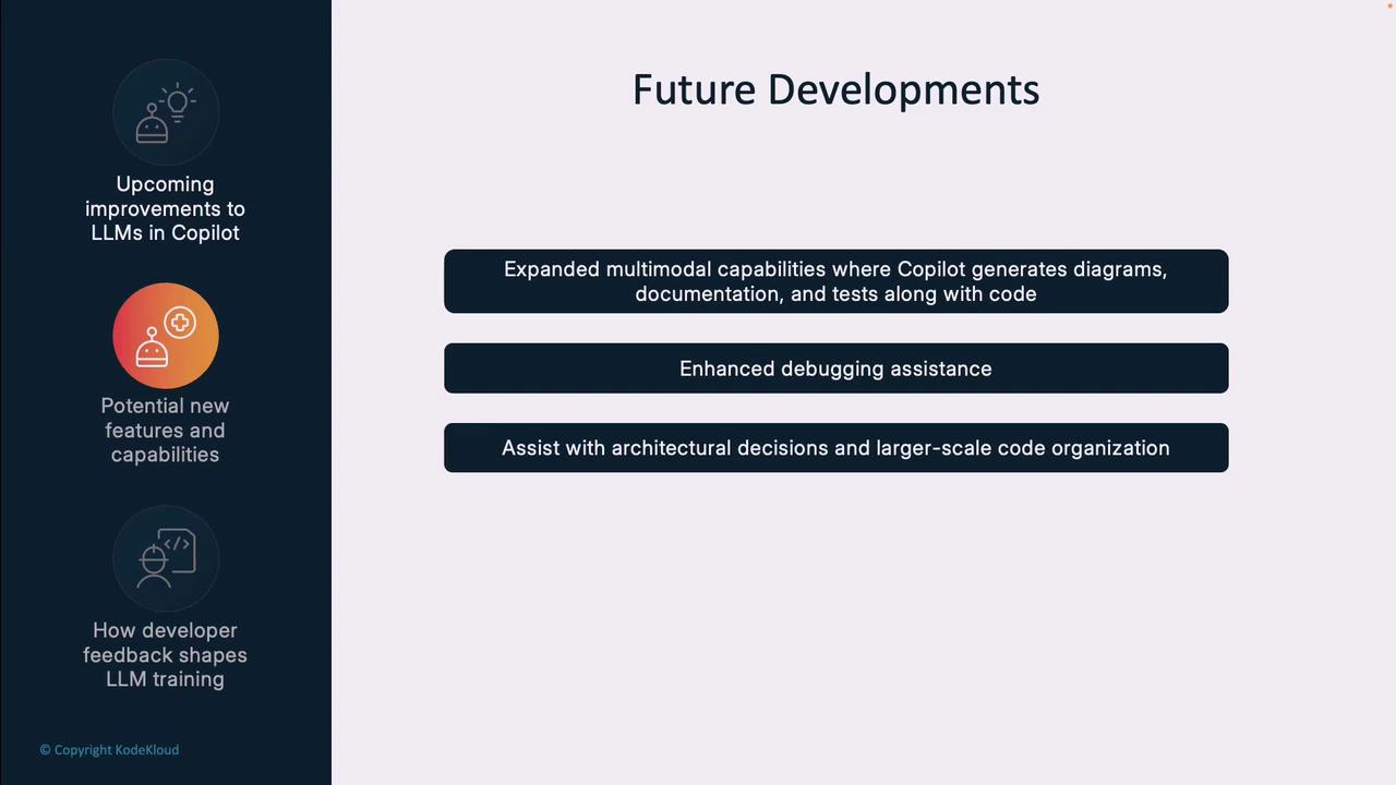 The image outlines future developments for Copilot, including expanded multimodal capabilities, enhanced debugging assistance, and support for architectural decisions and code organization. It also highlights upcoming improvements to LLMs and potential new features.