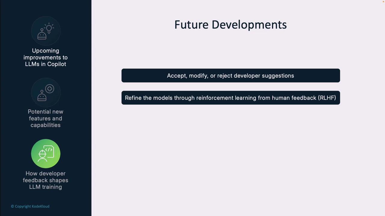 The image outlines future developments for LLMs in Copilot, focusing on accepting, modifying, or rejecting developer suggestions and refining models through reinforcement learning from human feedback. It also highlights upcoming improvements, potential new features, and the role of developer feedback.