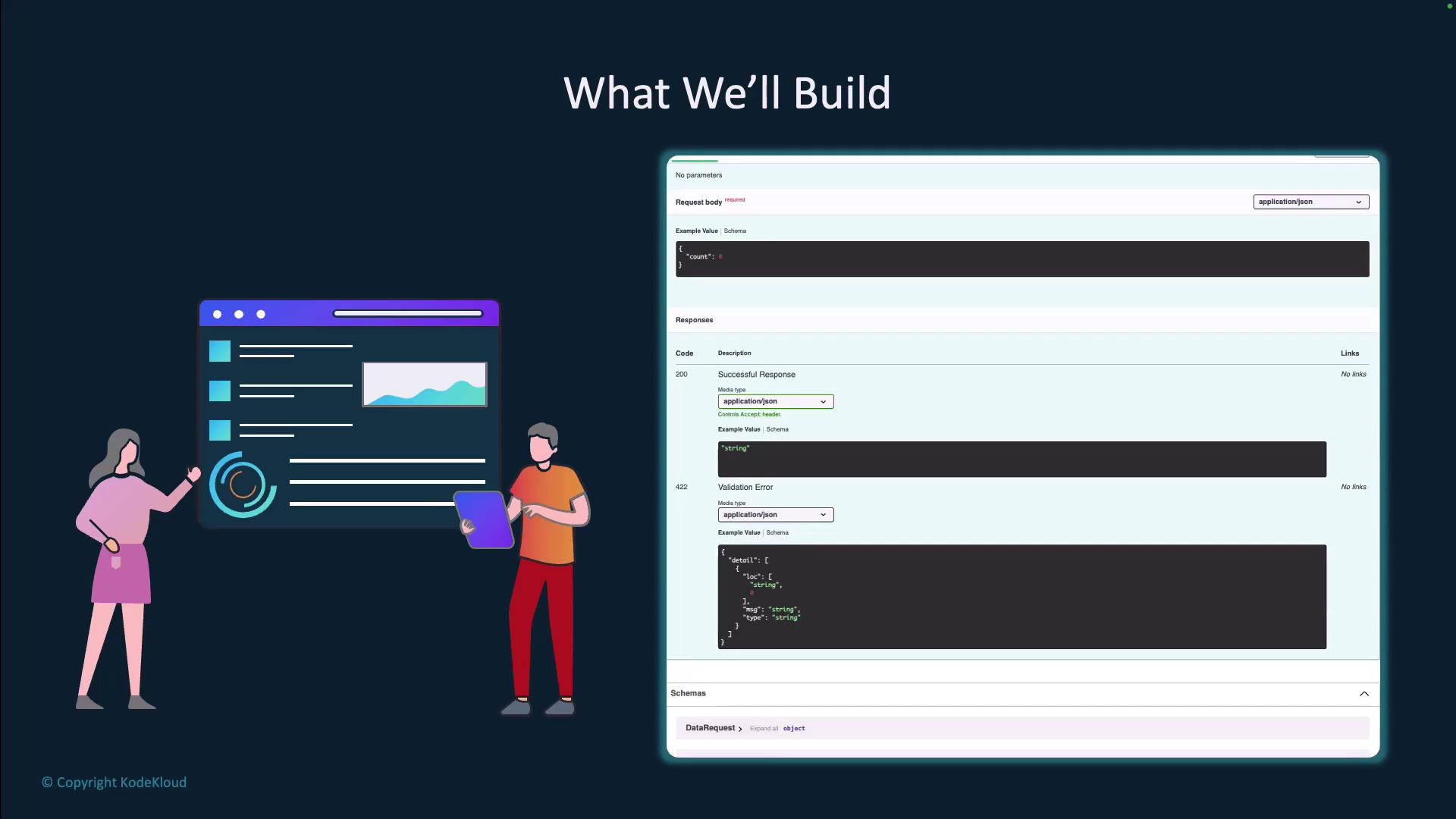 The image shows a digital illustration of two people interacting with a computer interface, alongside a detailed API response example. The text "What We'll Build" is displayed at the top.