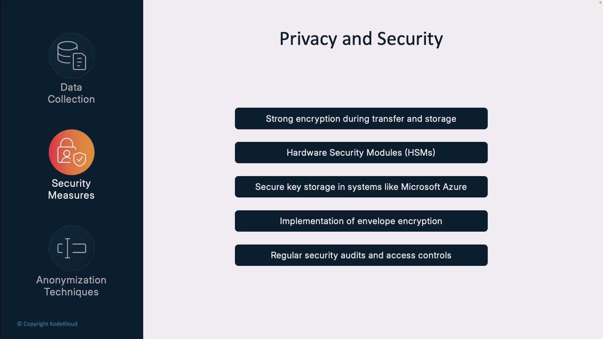 The image outlines privacy and security measures, including encryption, hardware security modules, secure key storage, envelope encryption, and regular security audits. It also features icons for data collection, security measures, and anonymization techniques.