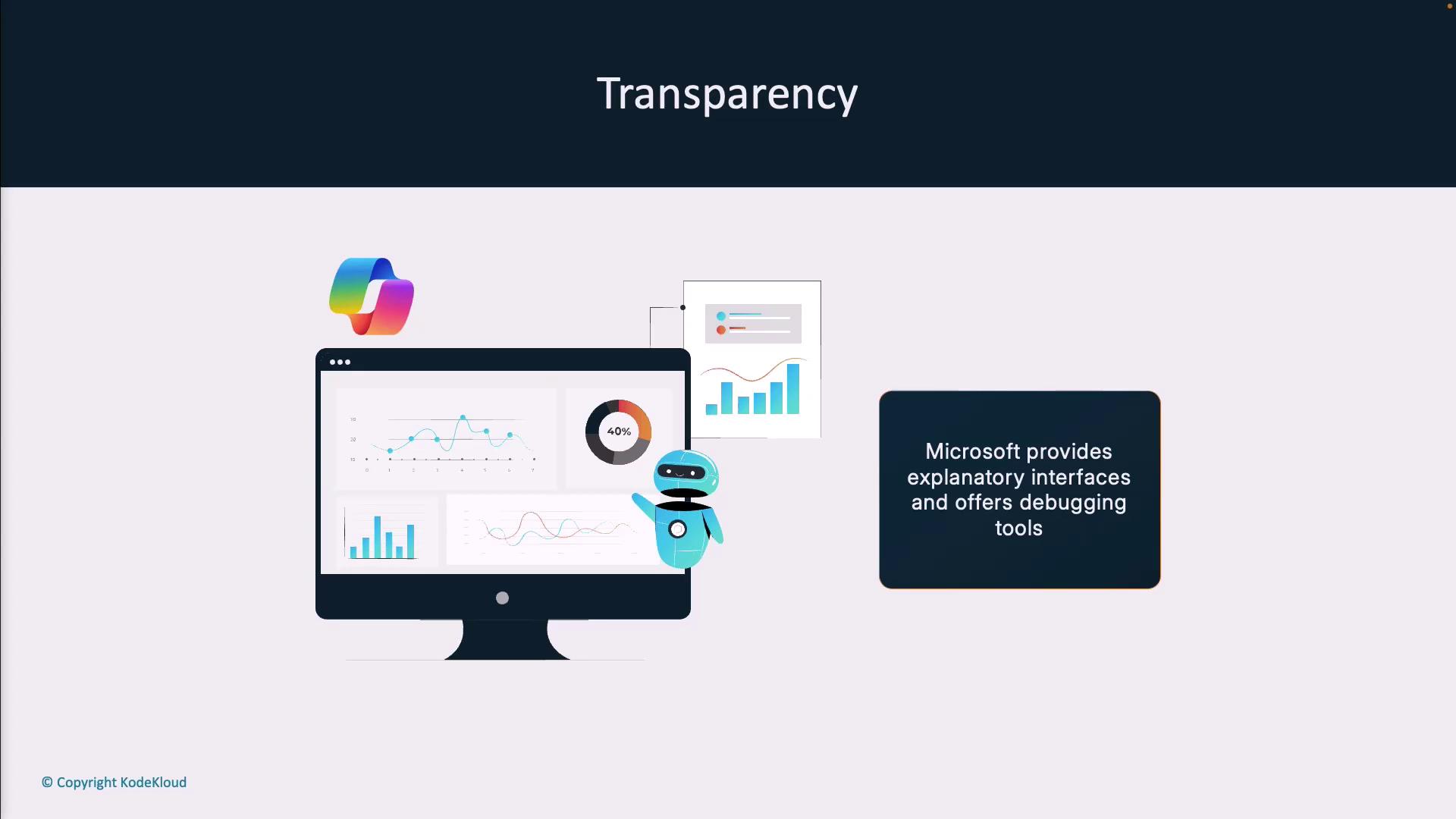 The image illustrates the concept of transparency with a computer screen displaying graphs and charts, accompanied by a robot and a text box stating that Microsoft provides explanatory interfaces and debugging tools.