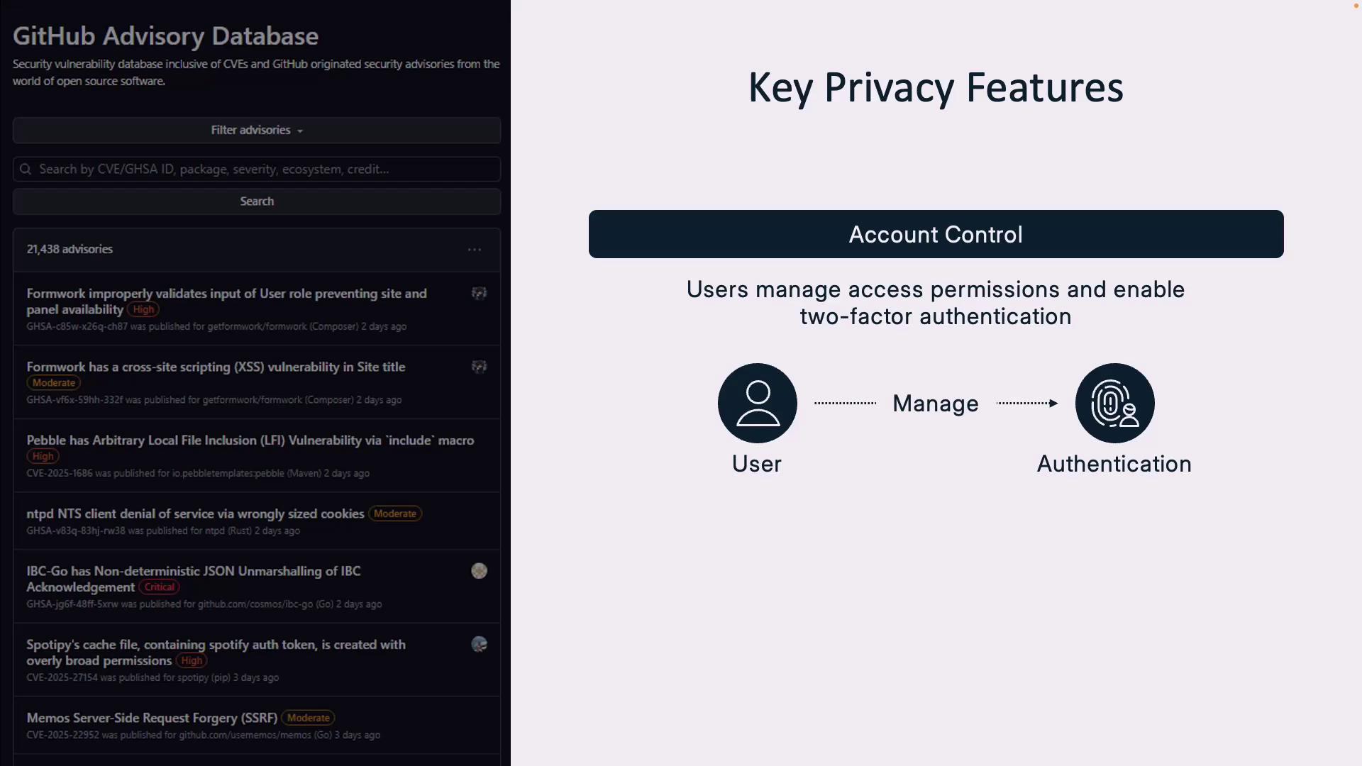 The image shows a GitHub Advisory Database interface on the left, listing security advisories, and a diagram on the right explaining account control and authentication features.
