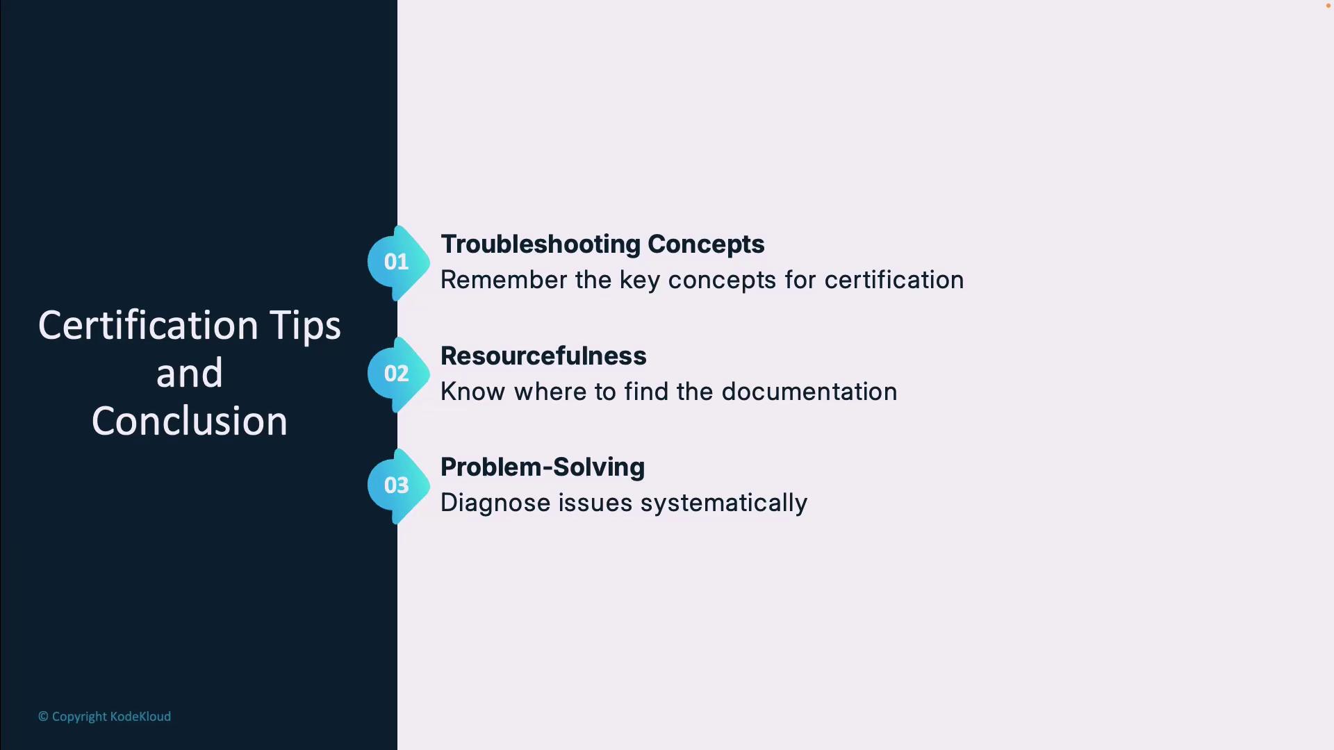 The image provides certification tips, focusing on troubleshooting concepts, resourcefulness, and problem-solving.