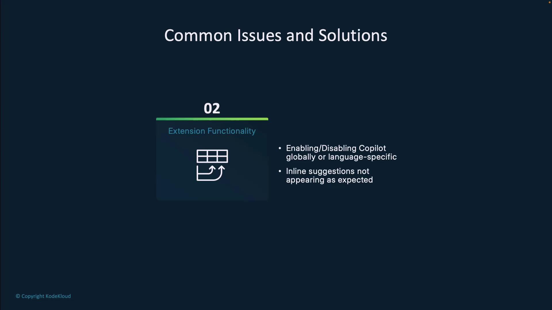 The image outlines common issues and solutions related to extension functionality, specifically focusing on enabling/disabling Copilot and inline suggestions not appearing as expected.