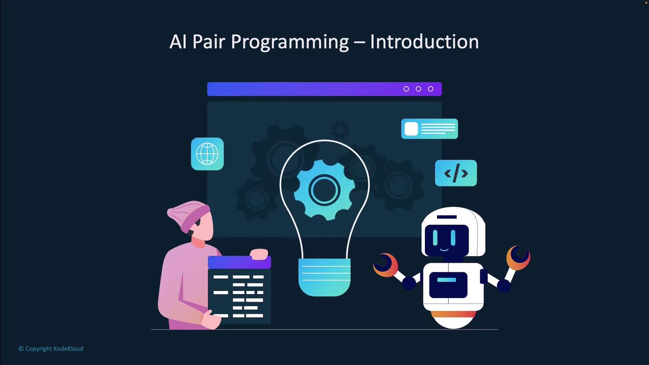 The image illustrates the concept of AI pair programming, featuring a person and a robot collaborating on coding tasks, with symbols of technology and innovation in the background.