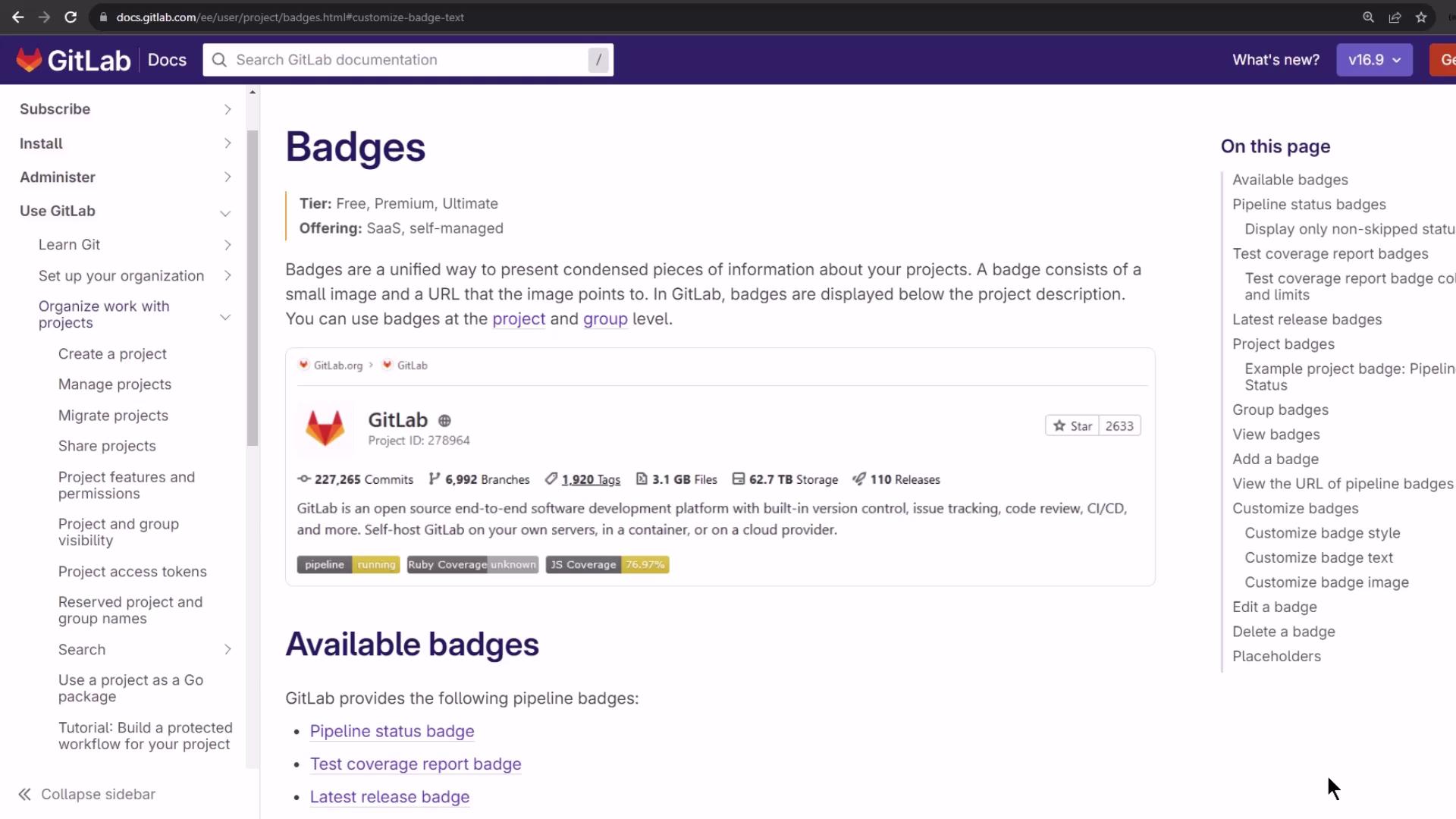 The image shows a GitLab documentation page about badges, detailing their purpose and types, with a sidebar for navigation and a section on available badges.