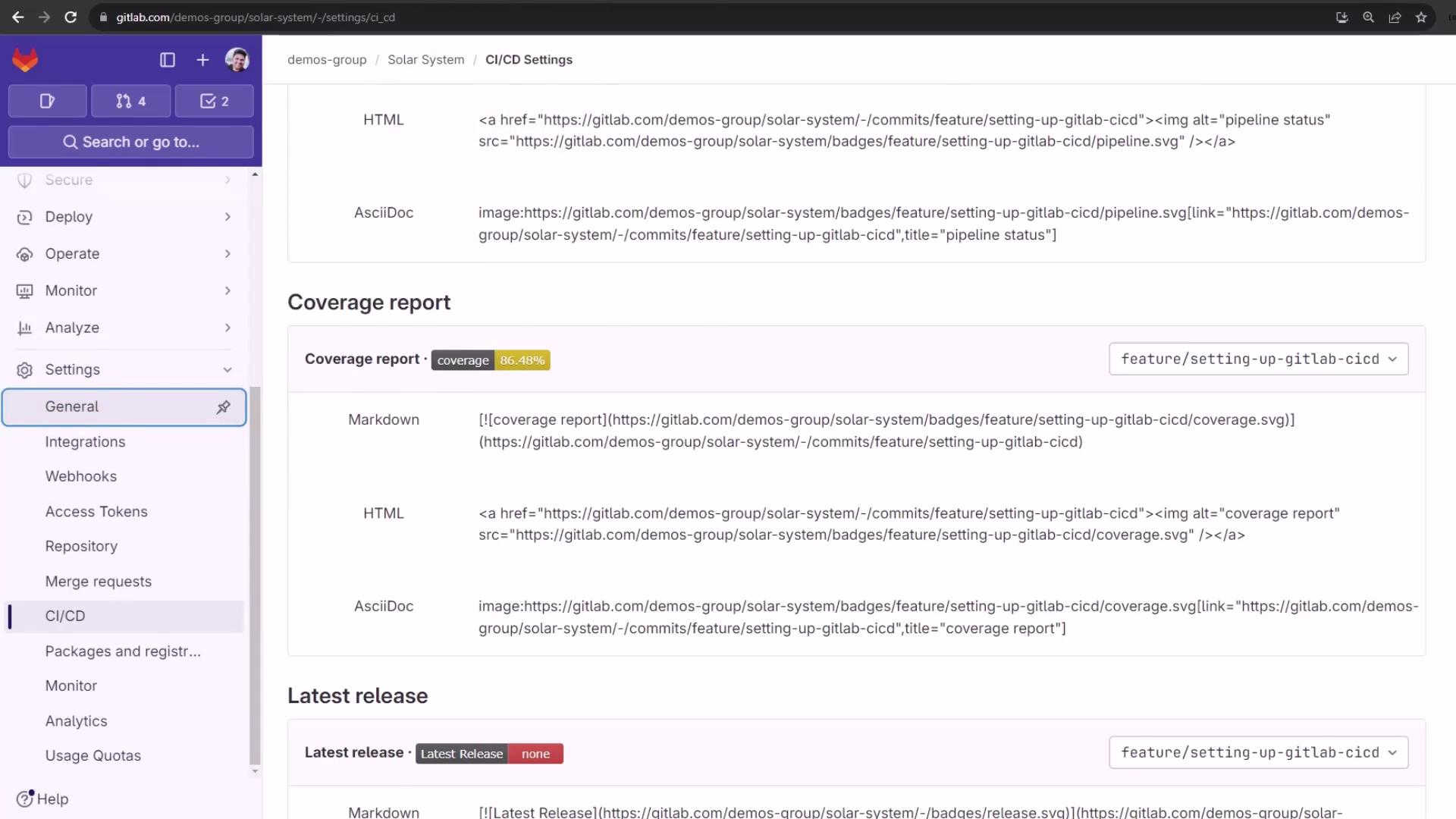 The image shows a GitLab CI/CD settings page with sections for coverage report and latest release, displaying HTML, Markdown, and AsciiDoc code snippets. The coverage report shows a coverage percentage of 86.48%.