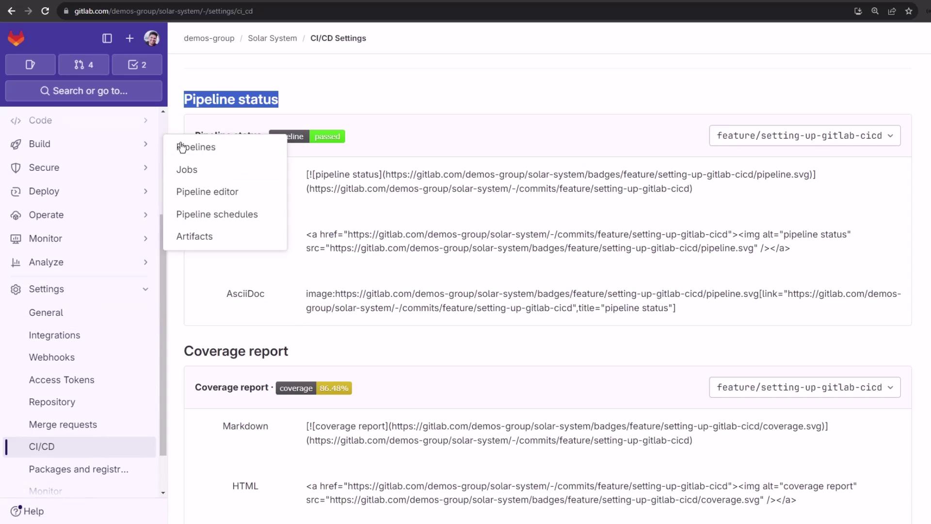 The image shows a GitLab CI/CD settings page with sections for pipeline status and coverage report, including dropdown menus and code snippets.