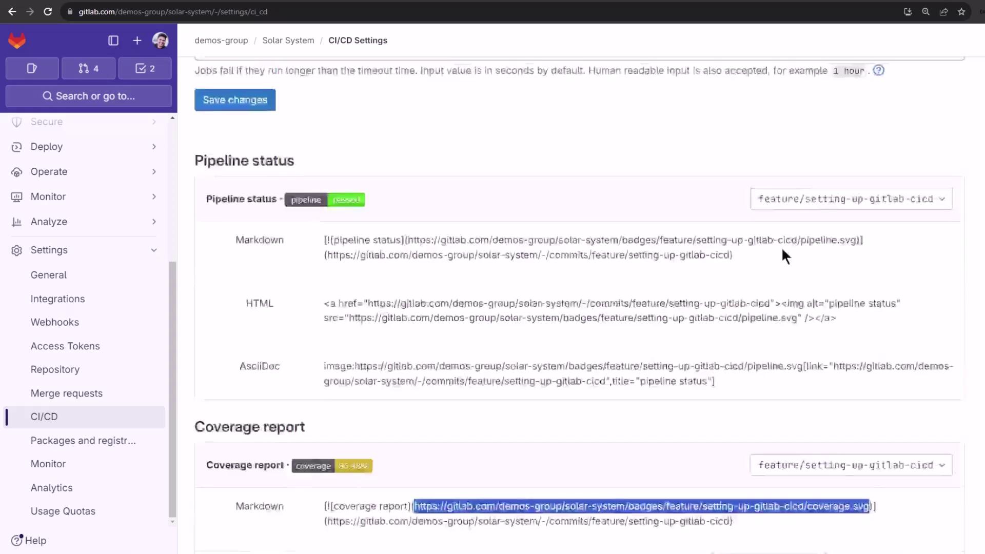 The image shows a GitLab CI/CD settings page with sections for pipeline status and coverage report, displaying their respective statuses and code snippets for integration.