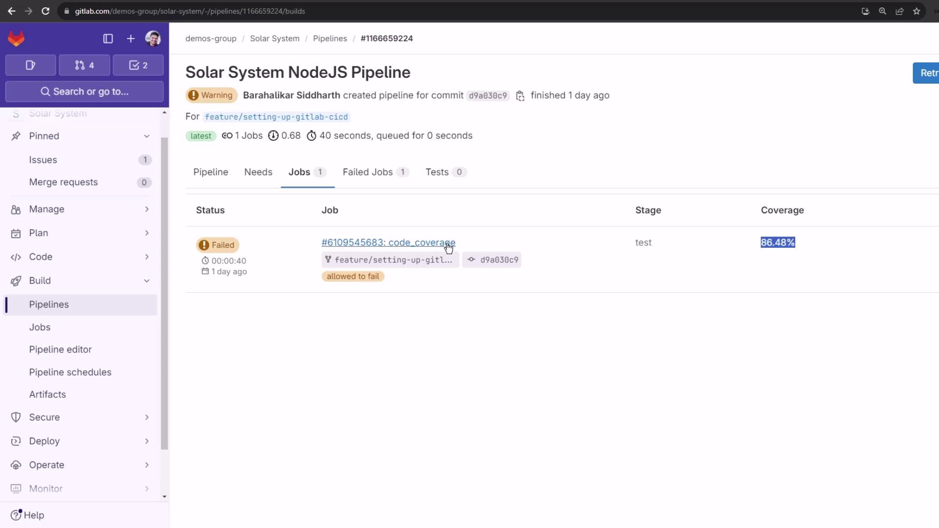 The image shows a GitLab pipeline interface for a NodeJS project, indicating a failed job with a code coverage of 86.48%.