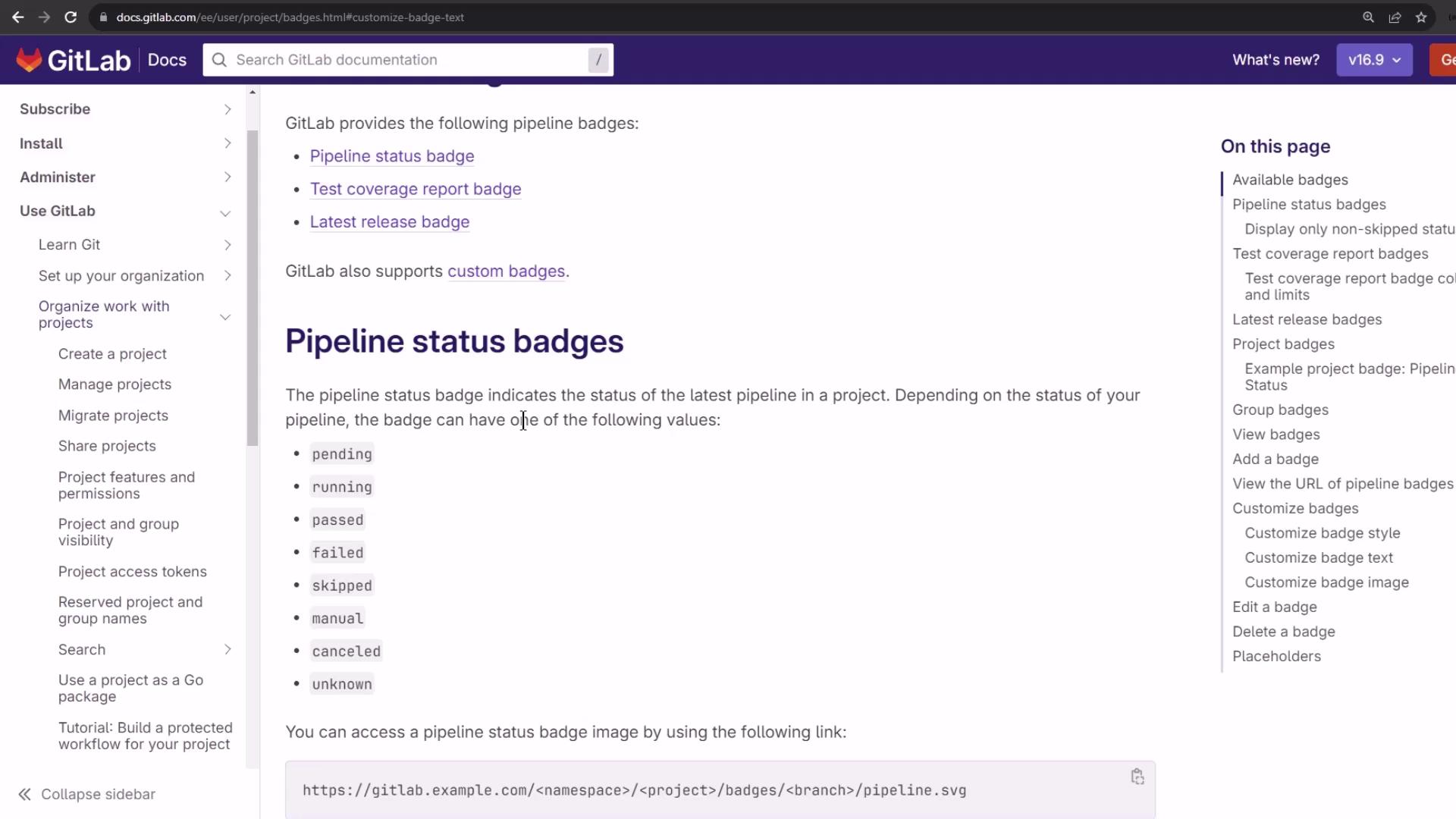 The image shows a GitLab documentation page about pipeline status badges, listing different badge statuses like pending, running, and passed. It includes navigation links on the left and a table of contents on the right.
