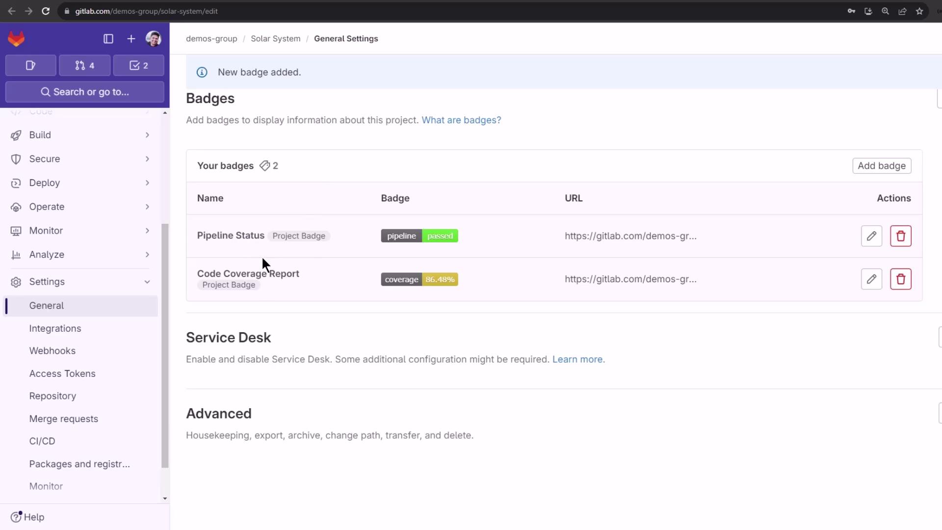 The image shows a GitLab interface displaying project settings, including badges for pipeline status and code coverage report. The sidebar menu includes options like Code, Build, Secure, and Deploy.