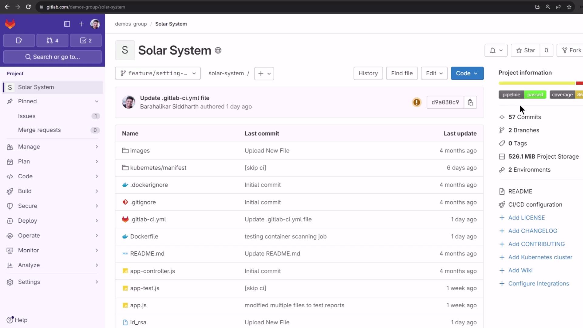 The image shows a GitLab repository interface for a project named "Solar System," displaying files, commit history, and project information such as branches and storage usage.
