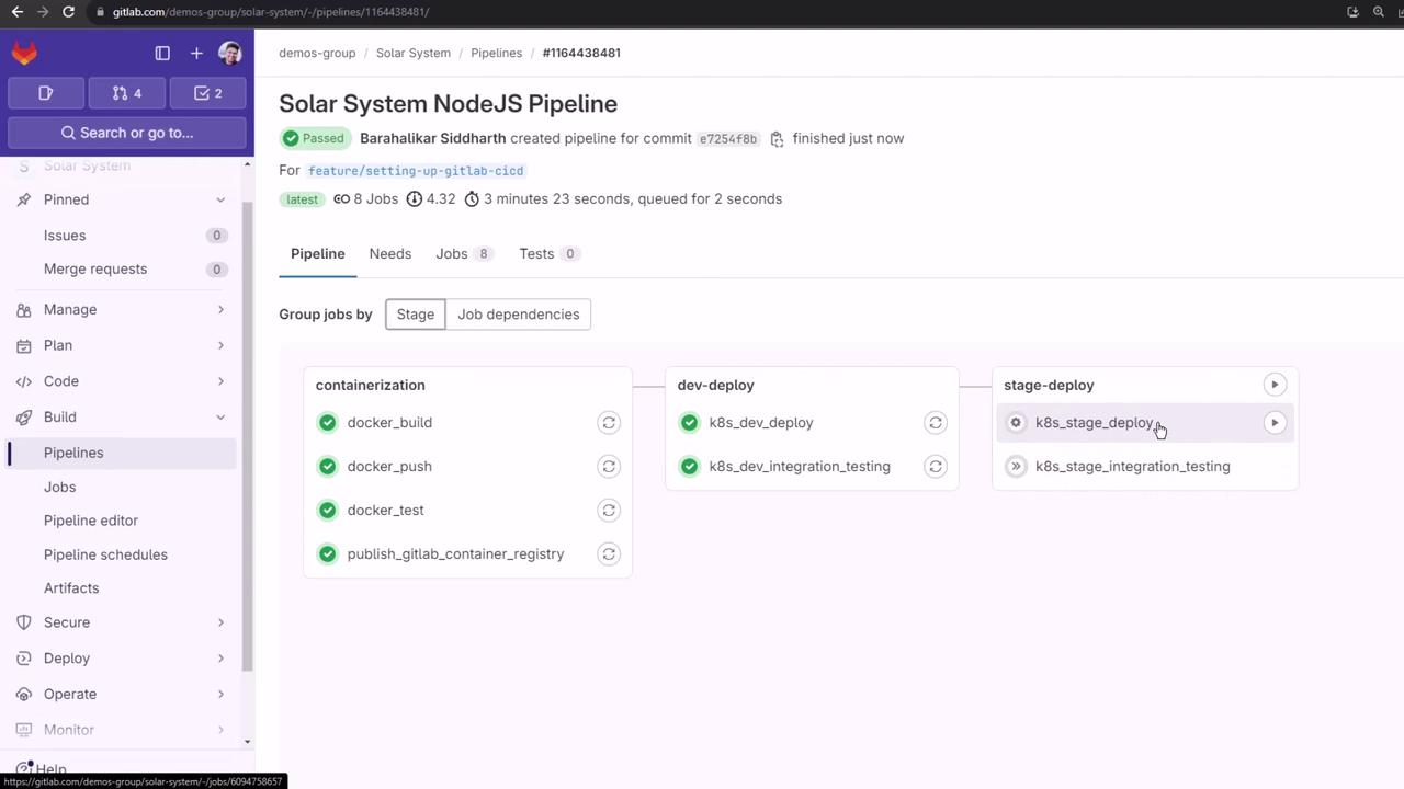 The image shows a GitLab CI/CD pipeline interface for a NodeJS project, displaying stages like containerization, dev-deploy, and stage-deploy with their respective jobs.