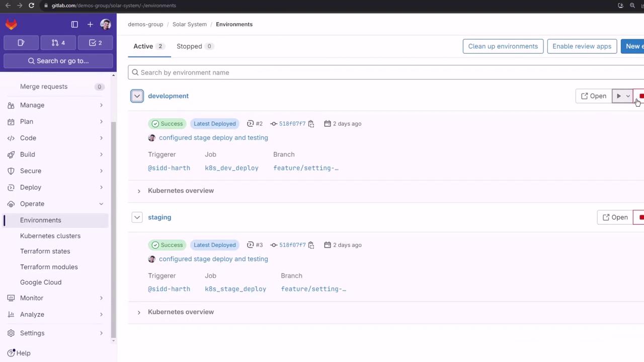 The image shows a GitLab interface displaying the "Environments" section with active environments for "development" and "staging," including deployment details and options to open or stop them.