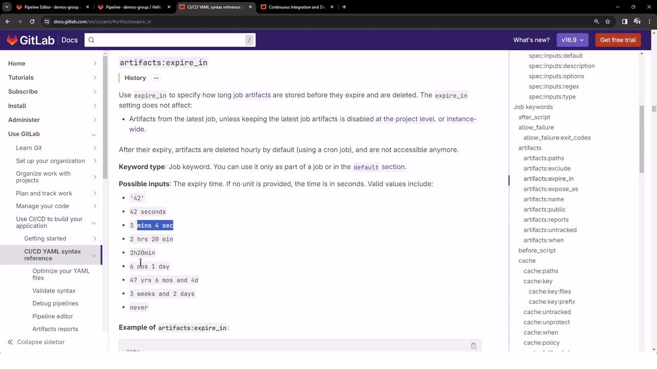 The image shows a GitLab documentation page about the `artifacts:expire_in` keyword, explaining how to specify the duration for storing job artifacts before they expire. It includes examples of valid time values and additional information on usage.
