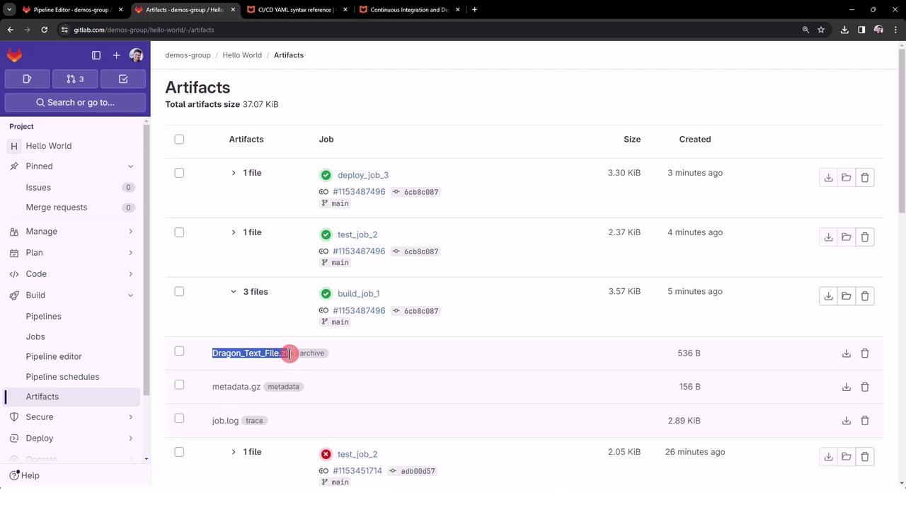 The image shows a GitLab interface displaying a list of artifacts from different jobs, including their sizes and creation times. The sidebar includes navigation options like "Manage," "Plan," "Code," and "Build."