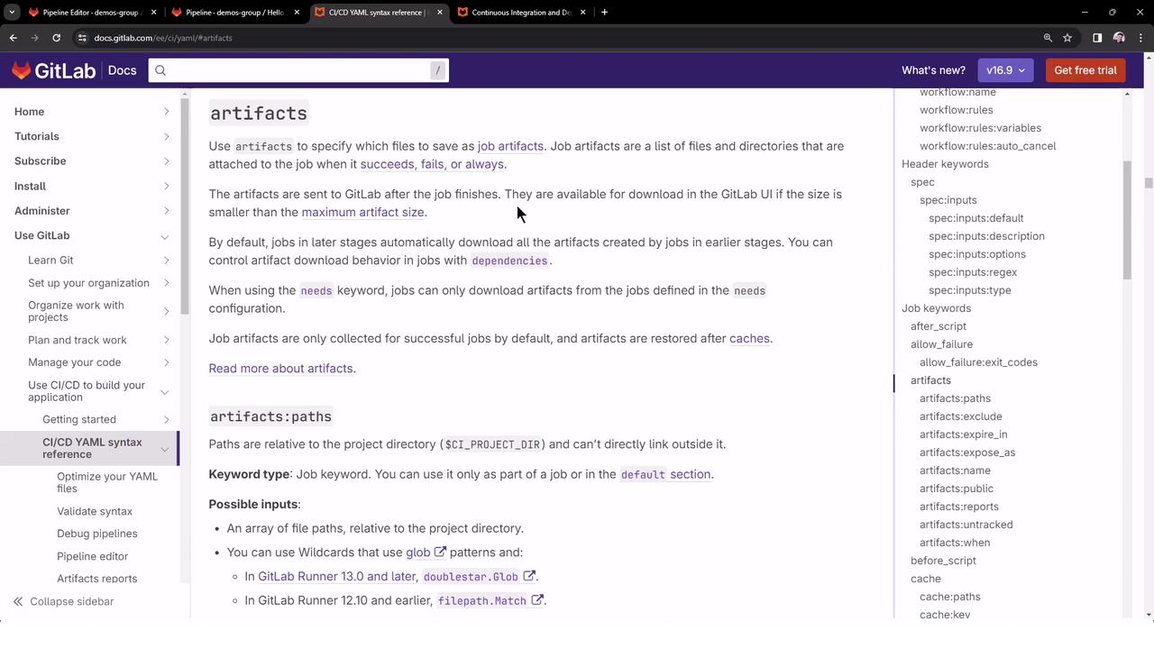 The image shows a GitLab documentation page about CI/CD YAML syntax, specifically focusing on job artifacts and their configuration. The page includes navigation links on the left and a list of keywords on the right.