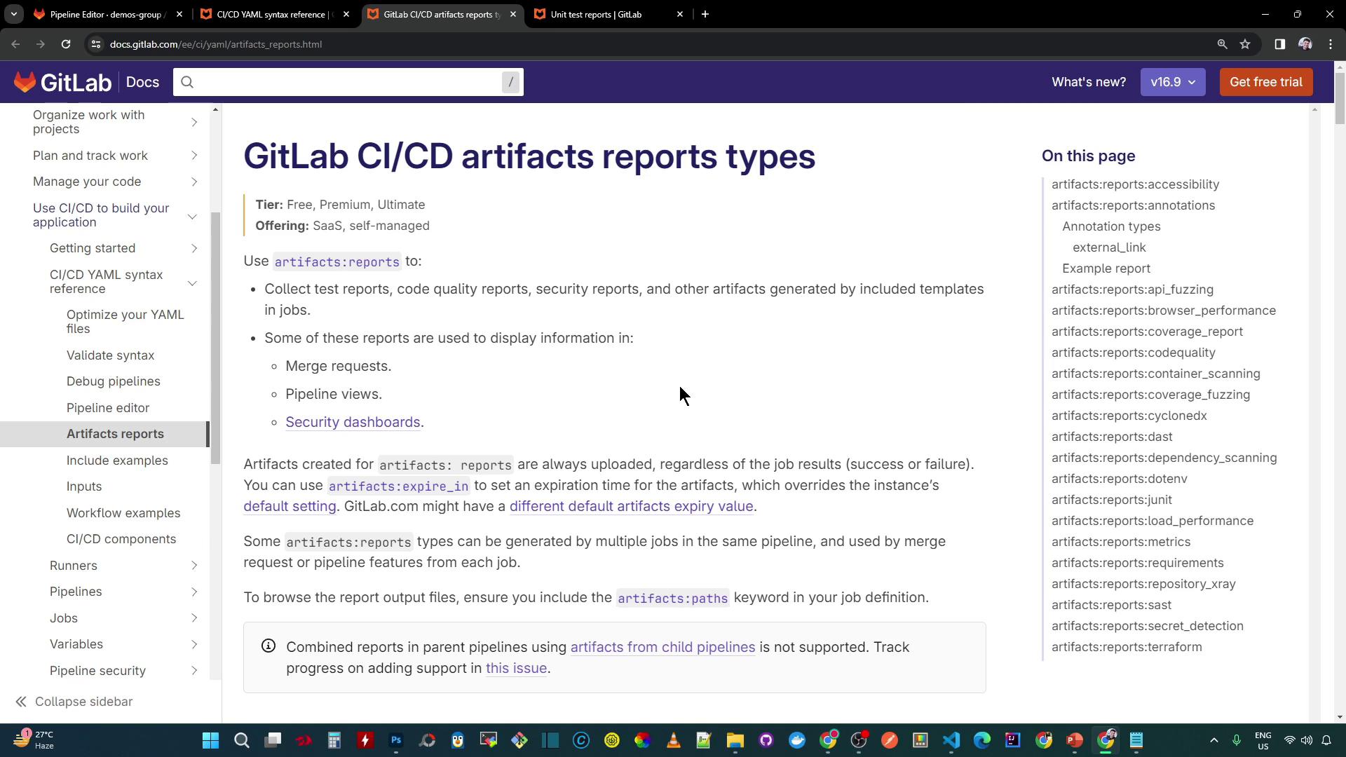 The image shows a GitLab documentation page about CI/CD artifact report types, detailing how to use `artifacts:reports` for collecting various reports in jobs. The page includes a sidebar with navigation links and a list of report types.