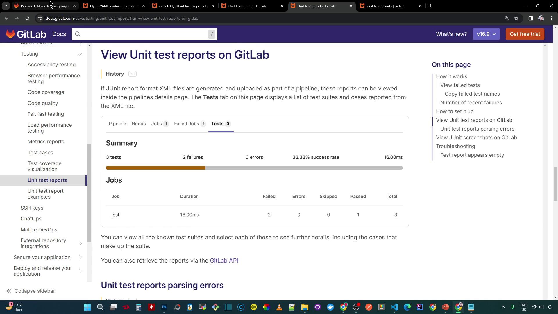 The image shows a GitLab documentation page about viewing unit test reports, displaying a summary of test results with 3 tests, 2 failures, and a 33.33% success rate.