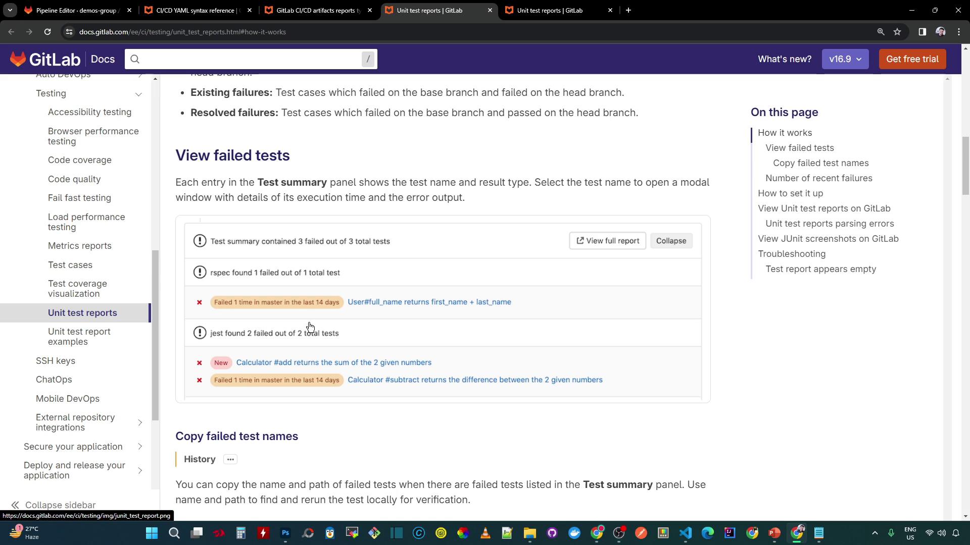 The image shows a GitLab documentation page about viewing failed tests in unit test reports. It includes a test summary panel with details of failed tests and navigation options on the side.