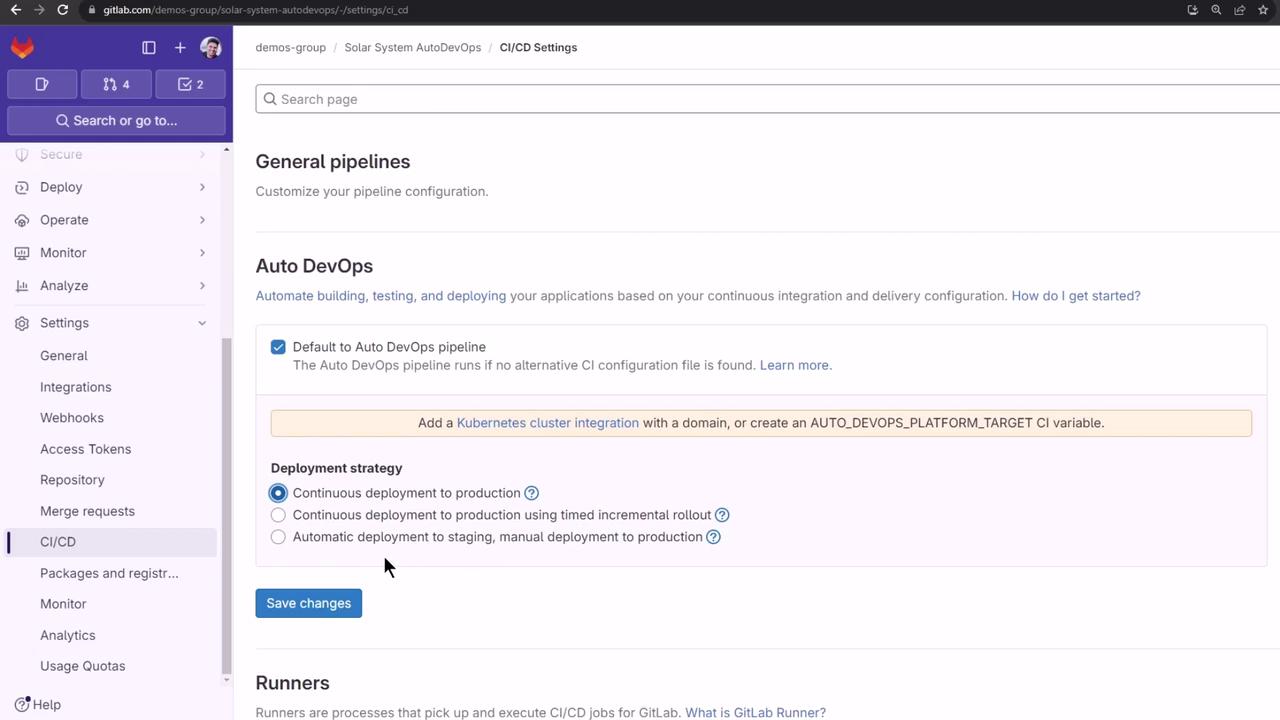 The image shows a GitLab CI/CD settings page with options for configuring Auto DevOps pipelines and deployment strategies. The sidebar includes various menu options like Deploy, Operate, and Monitor.