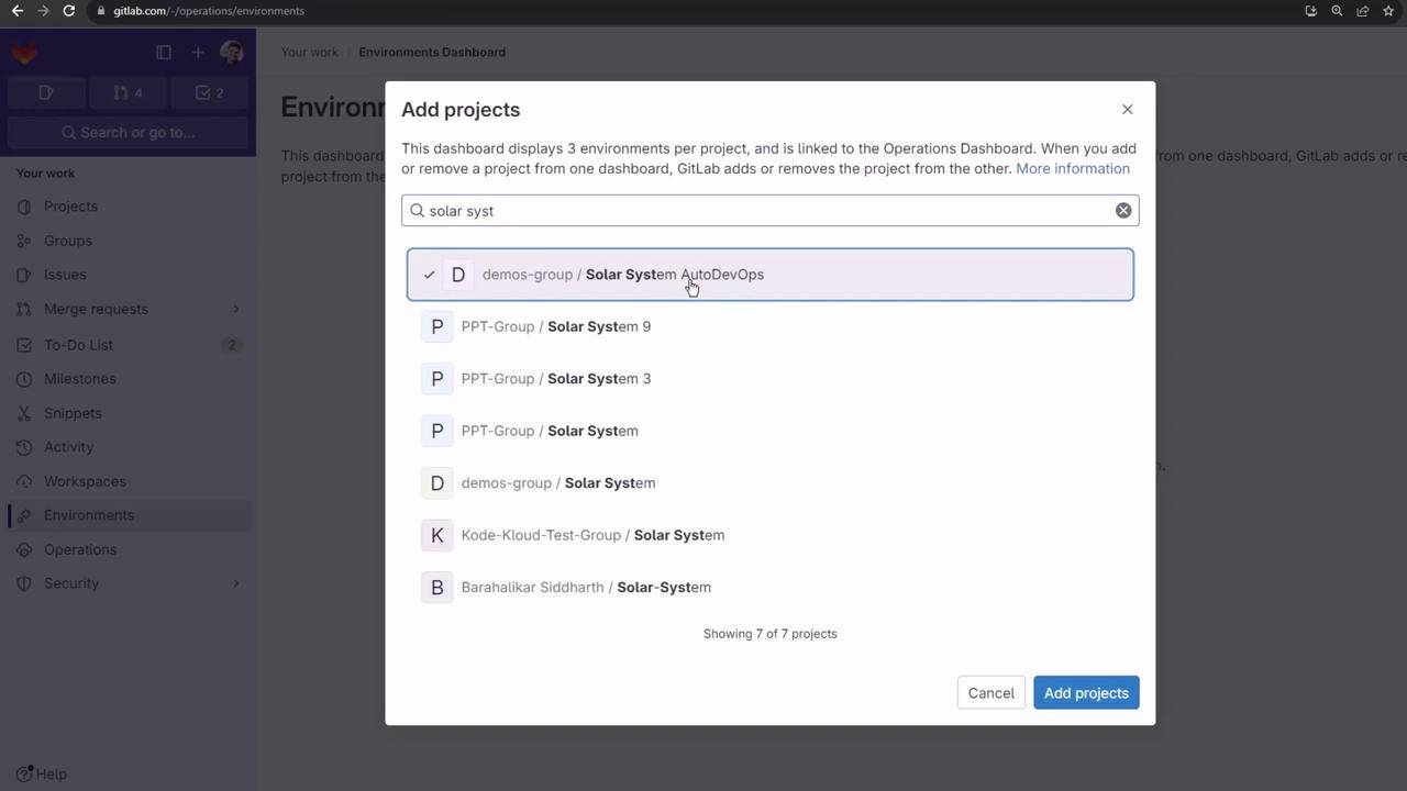 The image shows a GitLab interface where a user is adding projects to an "Environments Dashboard," with several projects related to "Solar System" listed.