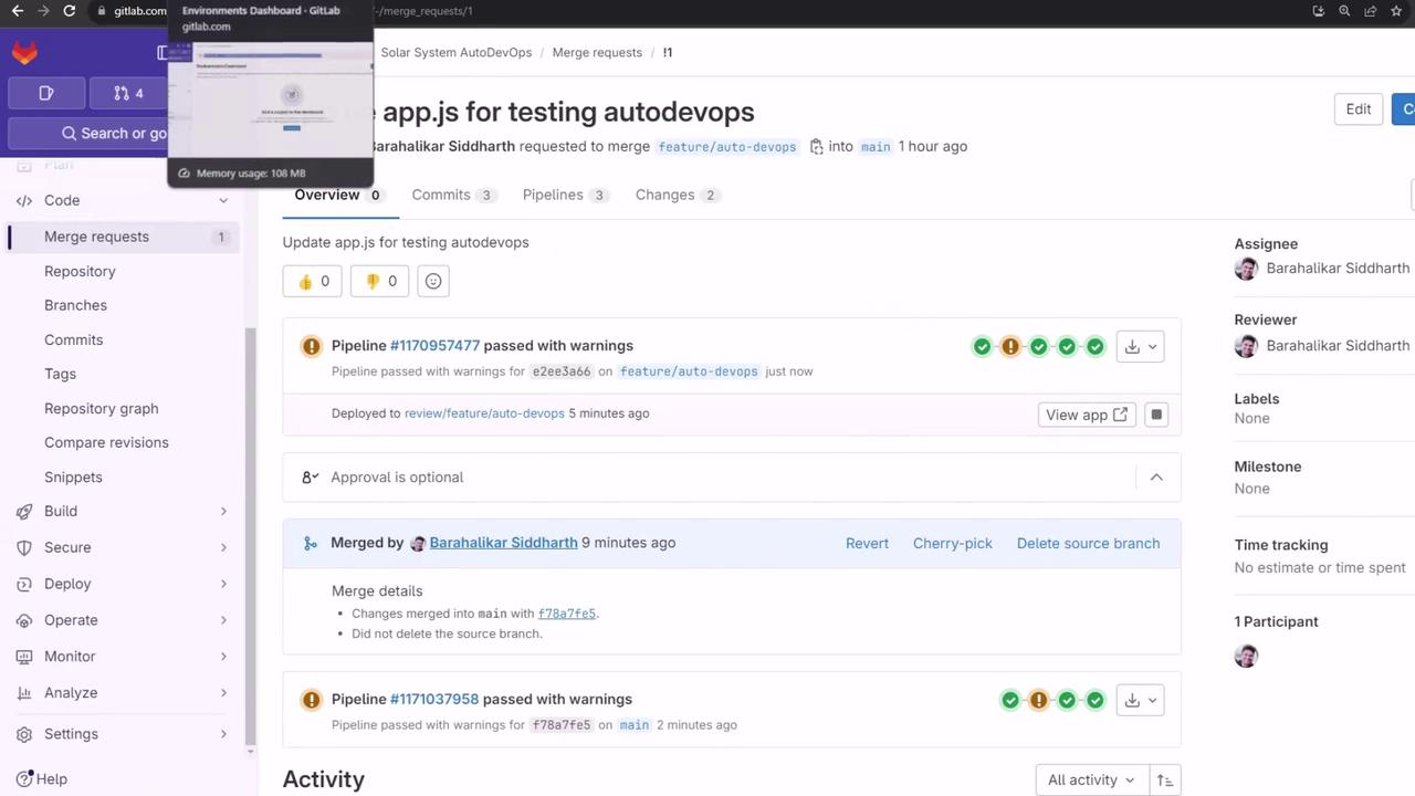 The image shows a GitLab interface displaying a merge request for updating "app.js" to test autodevops. It includes pipeline details, merge information, and user interactions.