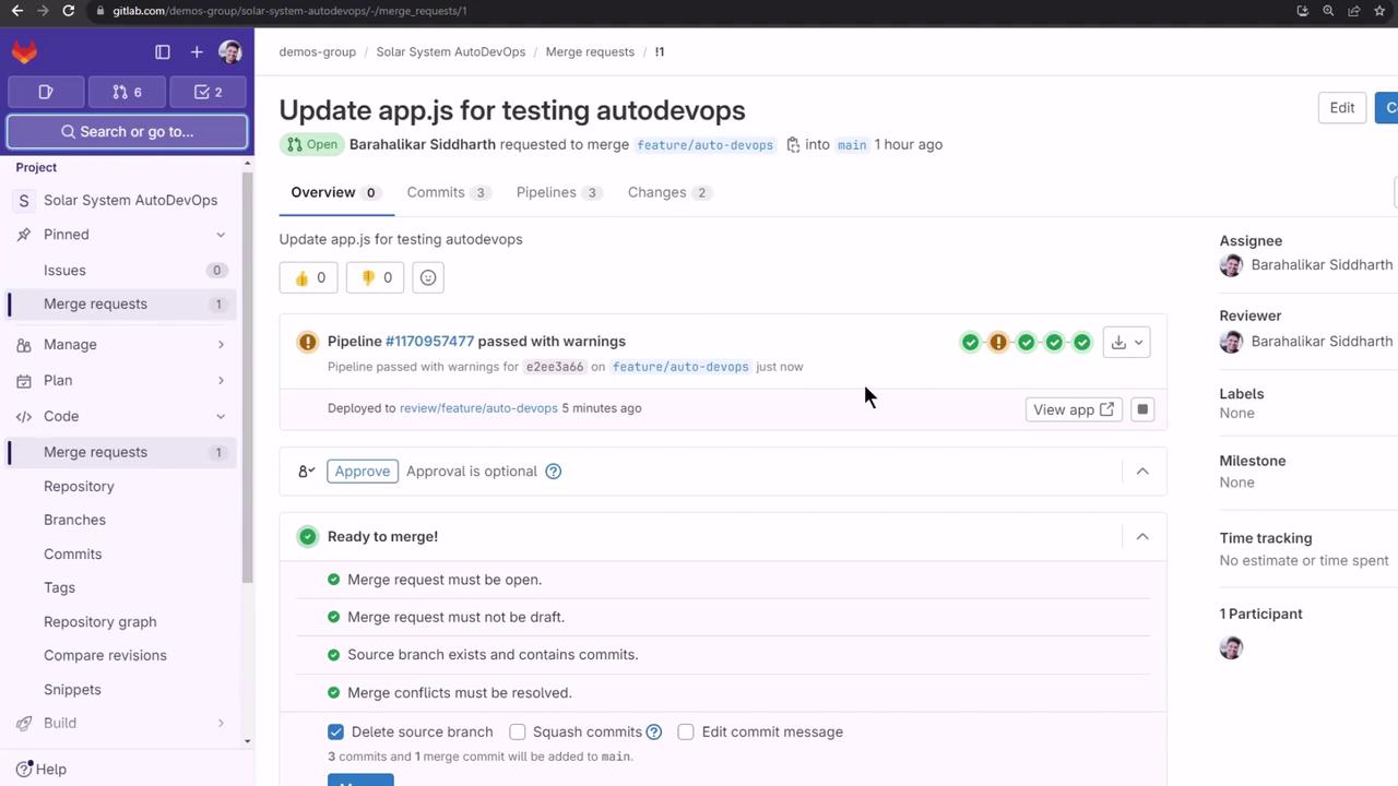 The image shows a GitLab merge request page for updating "app.js" for testing autodevops, with a pipeline that passed with warnings. The request is ready to merge, and approval is optional.