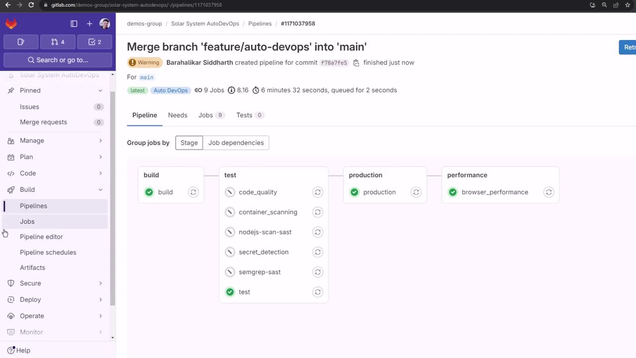 The image shows a GitLab pipeline interface with stages for build, test, production, and performance, displaying the status of various jobs. The sidebar includes options like Pipelines, Jobs, and Pipeline editor.