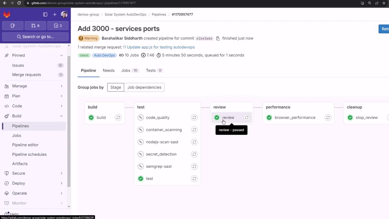 The image shows a GitLab pipeline interface with stages for build, test, review, performance, and cleanup, indicating the status of various jobs. Each stage has a green checkmark, suggesting successful completion.