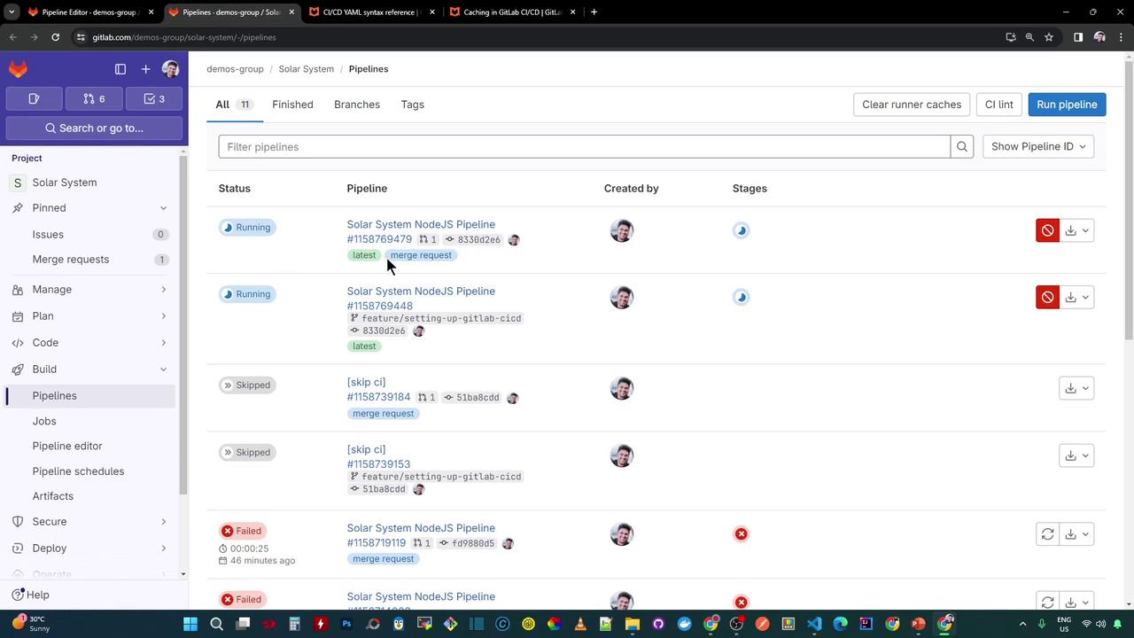 The image shows a GitLab CI/CD pipeline interface with various pipeline statuses such as "Running," "Skipped," and "Failed." It includes details like pipeline IDs, branches, and user avatars.